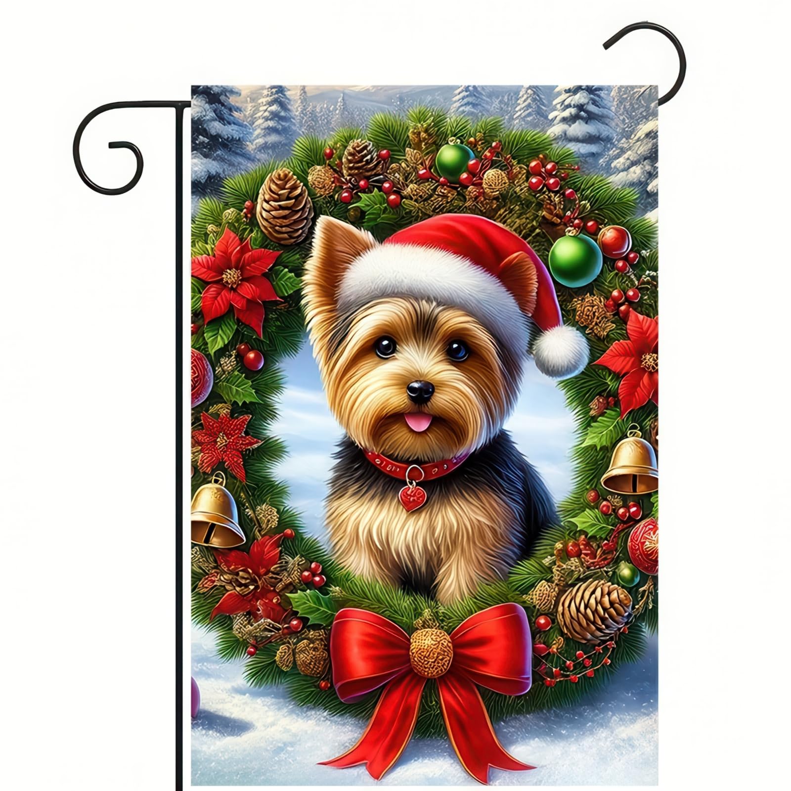 Merry Christmas Garden Flag 12 x 18 Inch Double Side Funny Yorkshire Terrier Dog Garden Flag with Santa Hat Yard Outside Decorative Banner Holiday
