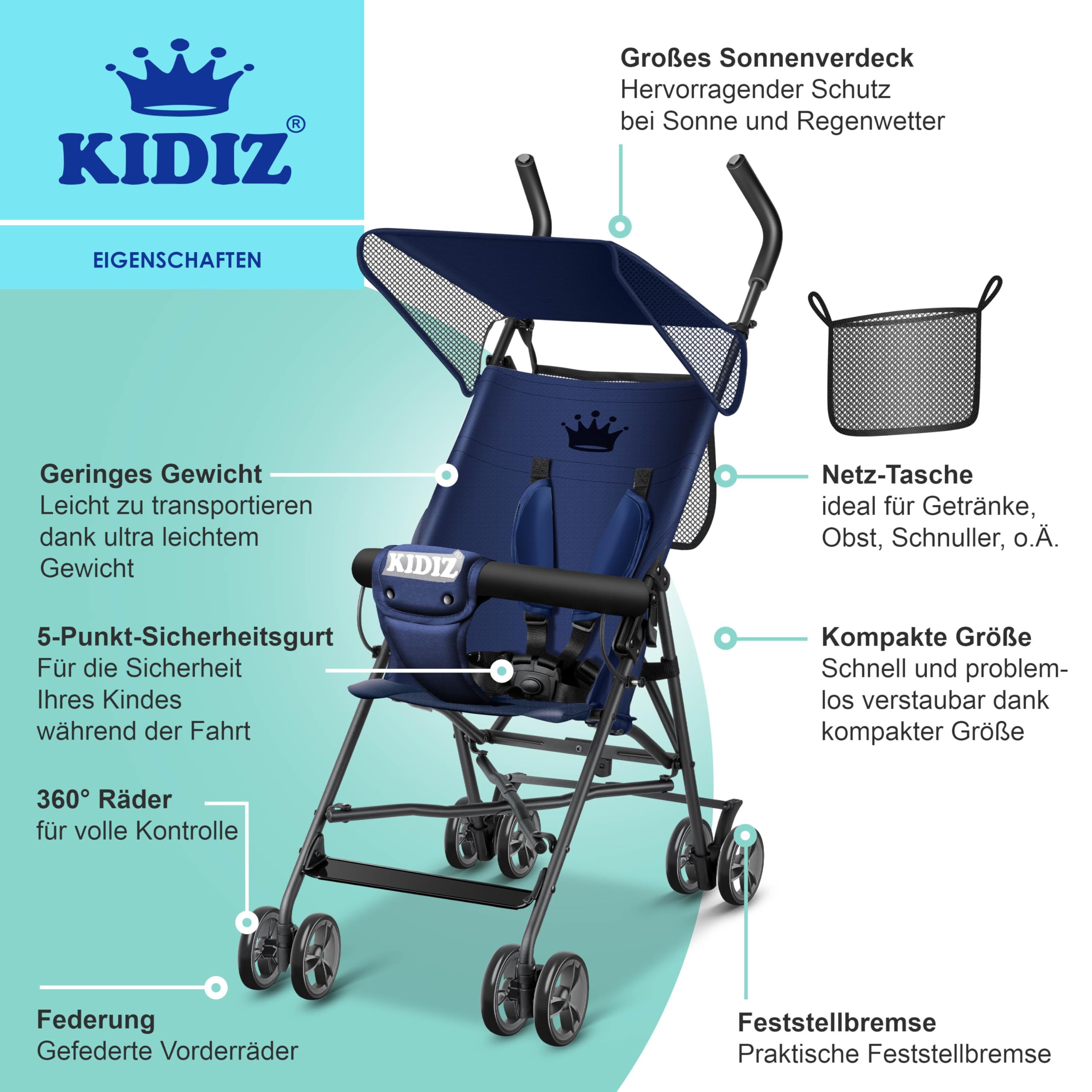 KIDIZ Poussette pliante 360°, roues 4", avec parasol, ceinture de sécurité 5 points de 6 mois, bleu/bleu marine