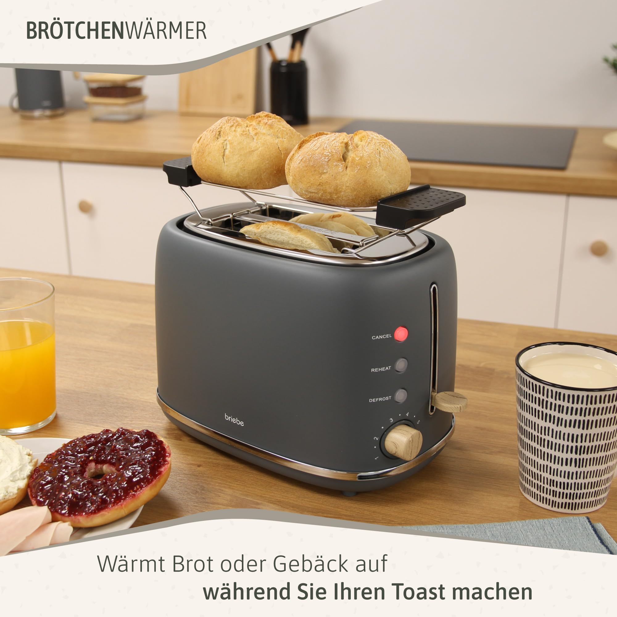 briebe Nordic Set Toaster 2 Scheiben Breite Schlitze Brötchenaufsatz 6 Toast Stufen Wasserkocher 1,7L 2200W BPA-frei Frühstücksset Grau