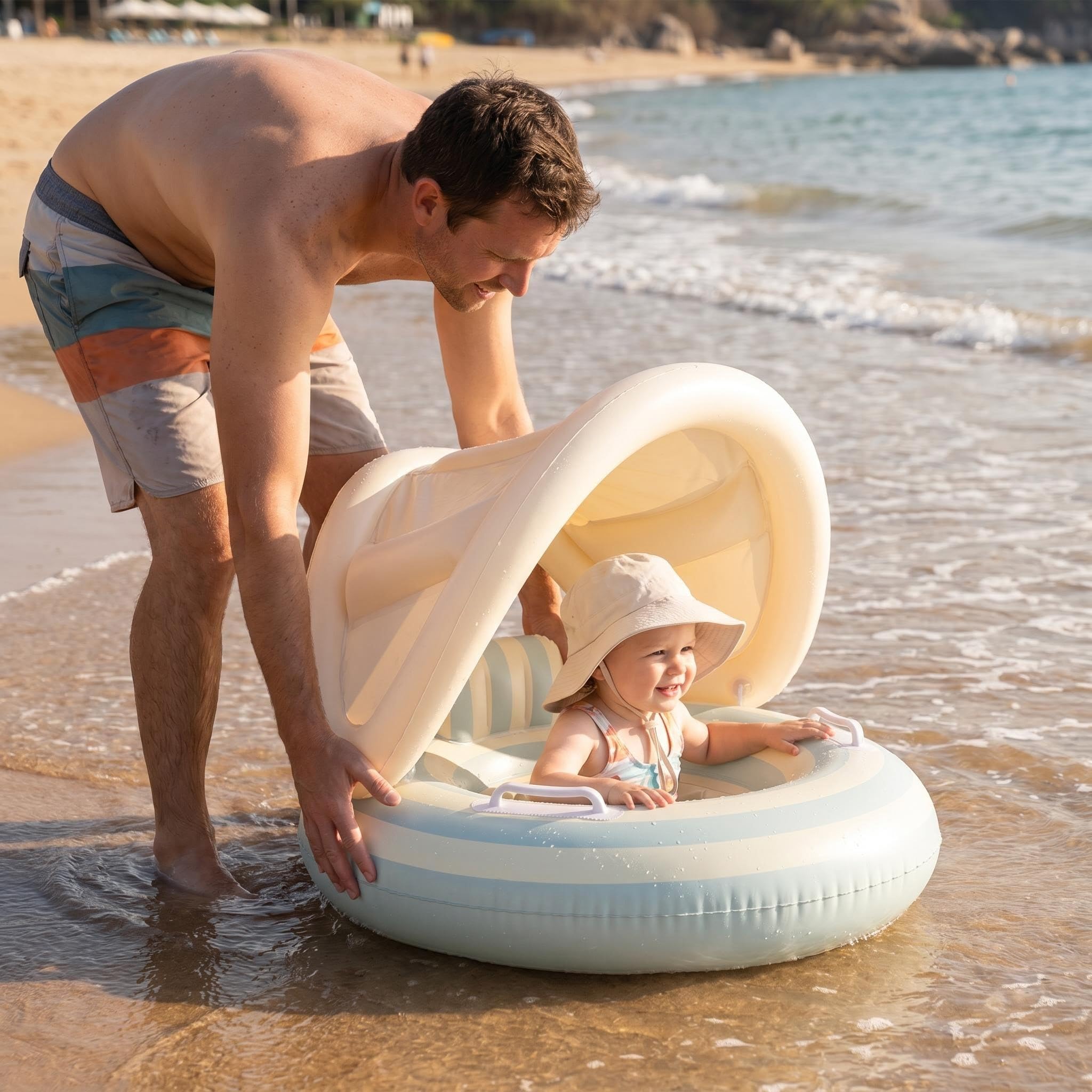 Flotador De Natación Para Bebé Con Toldo UPF50+ – Anillo Inflable Con Pistola De Agua, Juguete De Piscina Con Parasol Y Bomba Manual