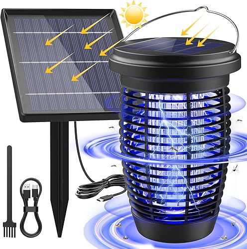 PALONE Solar Bug Zapper 2 en 1 Lámpara matamosquitos para interiores 4500 V matamoscas al aire libre alimentado por energía solar con poste de