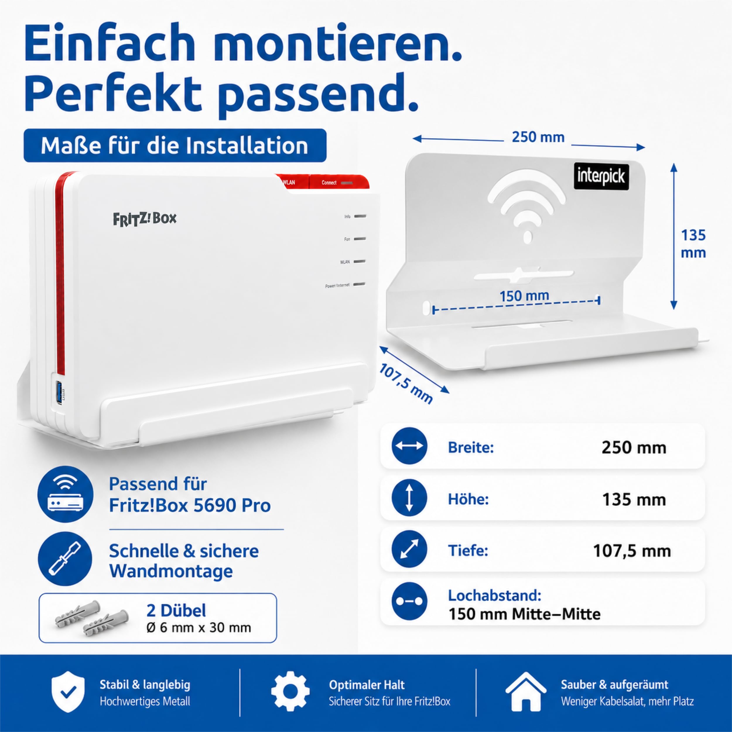 Soporte de pared para Fritzbox 5690 Pro (incluye gestión de cables, montaje en pared)