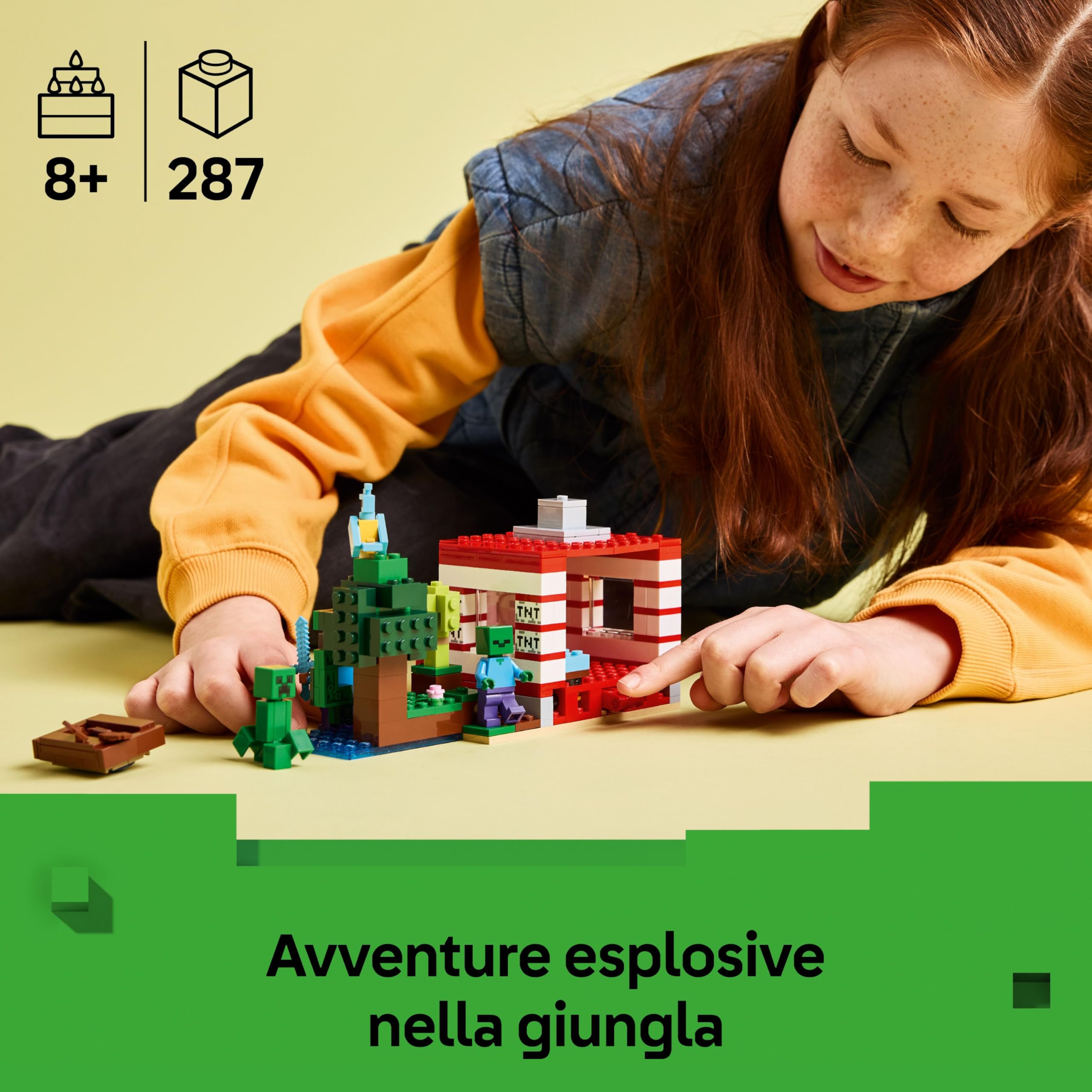 LEGO Minecraft Casa nella Giungla Esplosiva - Giocattolo Interattivo con Modello di Barca, Figure di Steve, Creeper e Zombie, Funzione TNT - Regalo per Gamer, Bambini e Bambine da 8 Anni in su - 21275