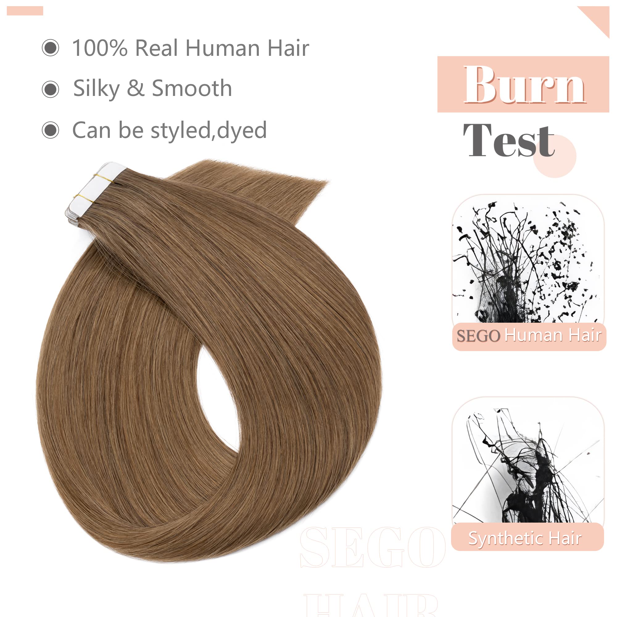 16"(40cm) SEGO Extensiones Adhesivas Remy Pelo Natural 20 PCS [#6 Marrón Claro] Cabello Humano sin Clip Tape in Human Hair (50g)