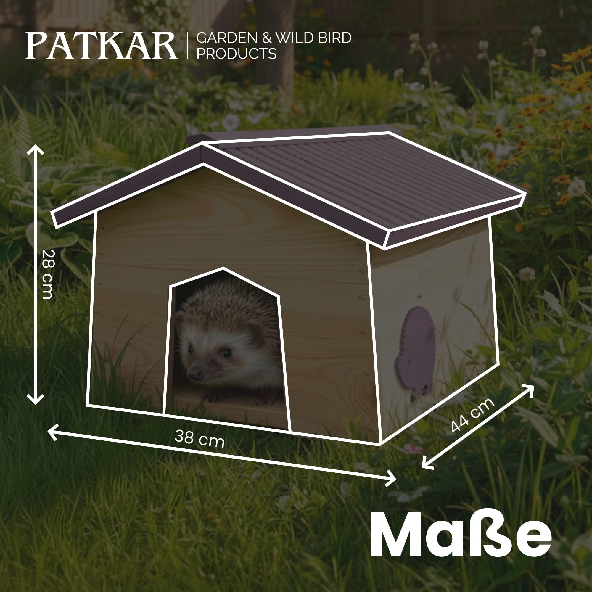 PATKAR Igelhaus Winterfest mit Boden - Premium Igelfutterhaus (Made in Europe) - Labyrintheingang gegen Fressfeinde - Futterhaus Hochwertige Igelhäuser Igel Haus Igelhotel - HxBxT: 28x38x44 cm