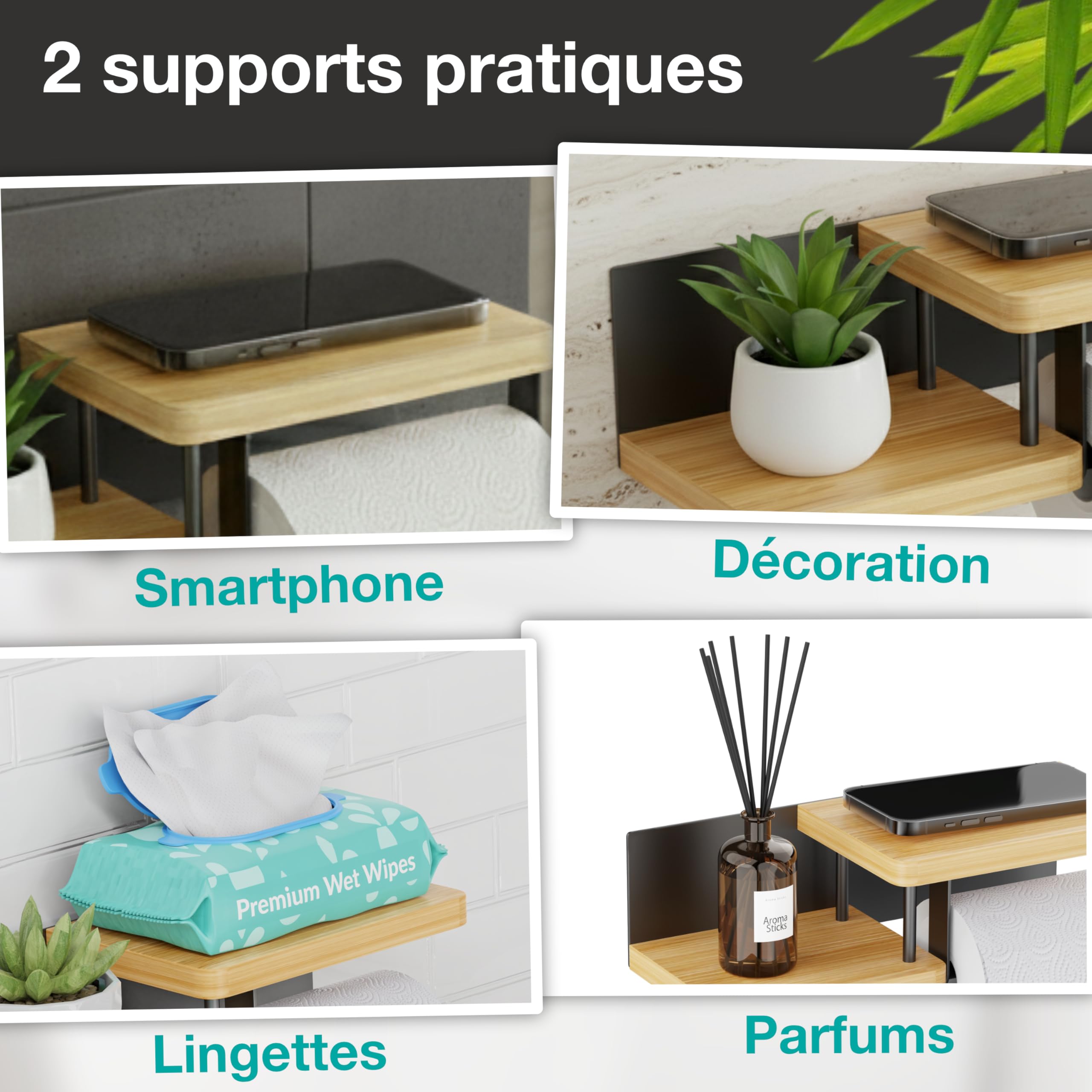 Support Papier Toilette Mural - avec ou sans Perçage - Porte-Papier Toilette en Bois & Métal - Distributeur Rouleau Papier WC PQ - Noir & Bambou - PPT130