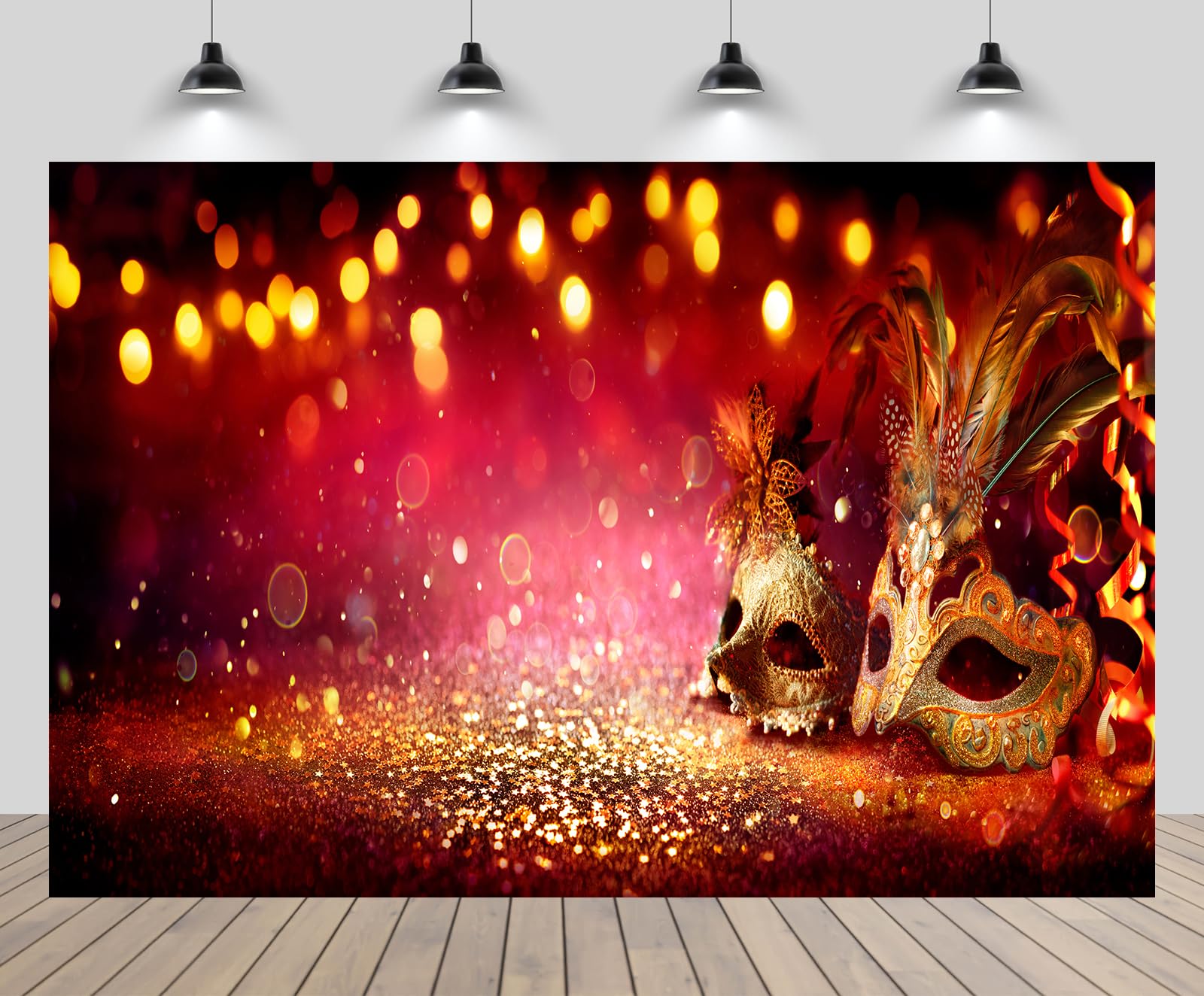 chnywork 7x5ft Venetian Mardi Gras Backdrop Venice Carnival Feather Diamonds Mask Bokeh Red Glonden Background Venice Carnival Theme Masquerade Party