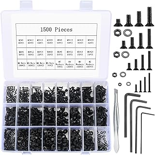 1500 Pcs Flat Head Hex Socket Head Cap Screws Bolts and Nuts and Washers Assortment Kit, M2 M3 M4 M5 Alloy Steel Countersunk Head Screws Nuts and Bolts and Flat Washers Set