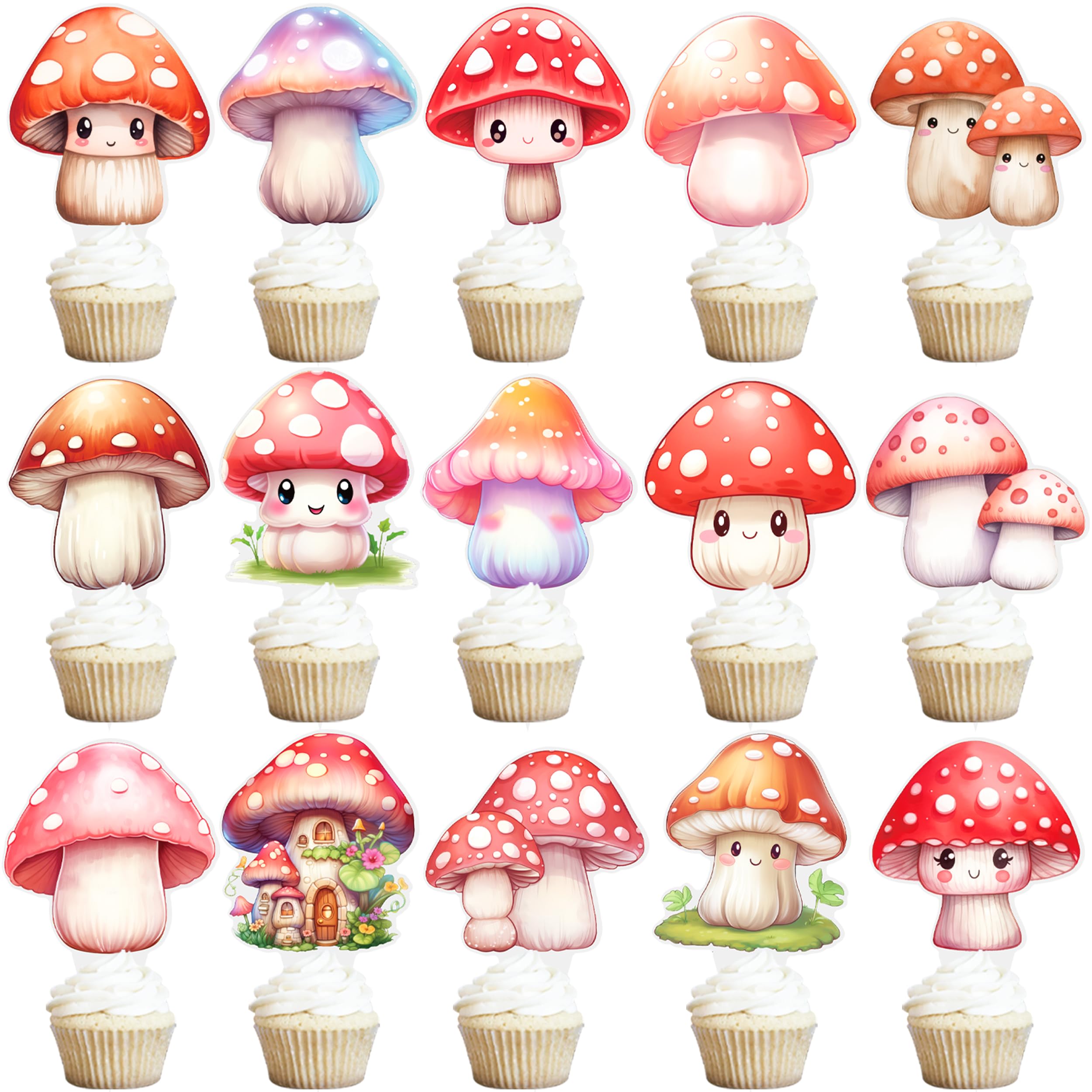 48Pcs Mushroom Theme Cupcake Toppers mushroom Birthday Party Decorations Woodland Cake Topper Decorations for Spring Summer Mushroom Baby Shower Party