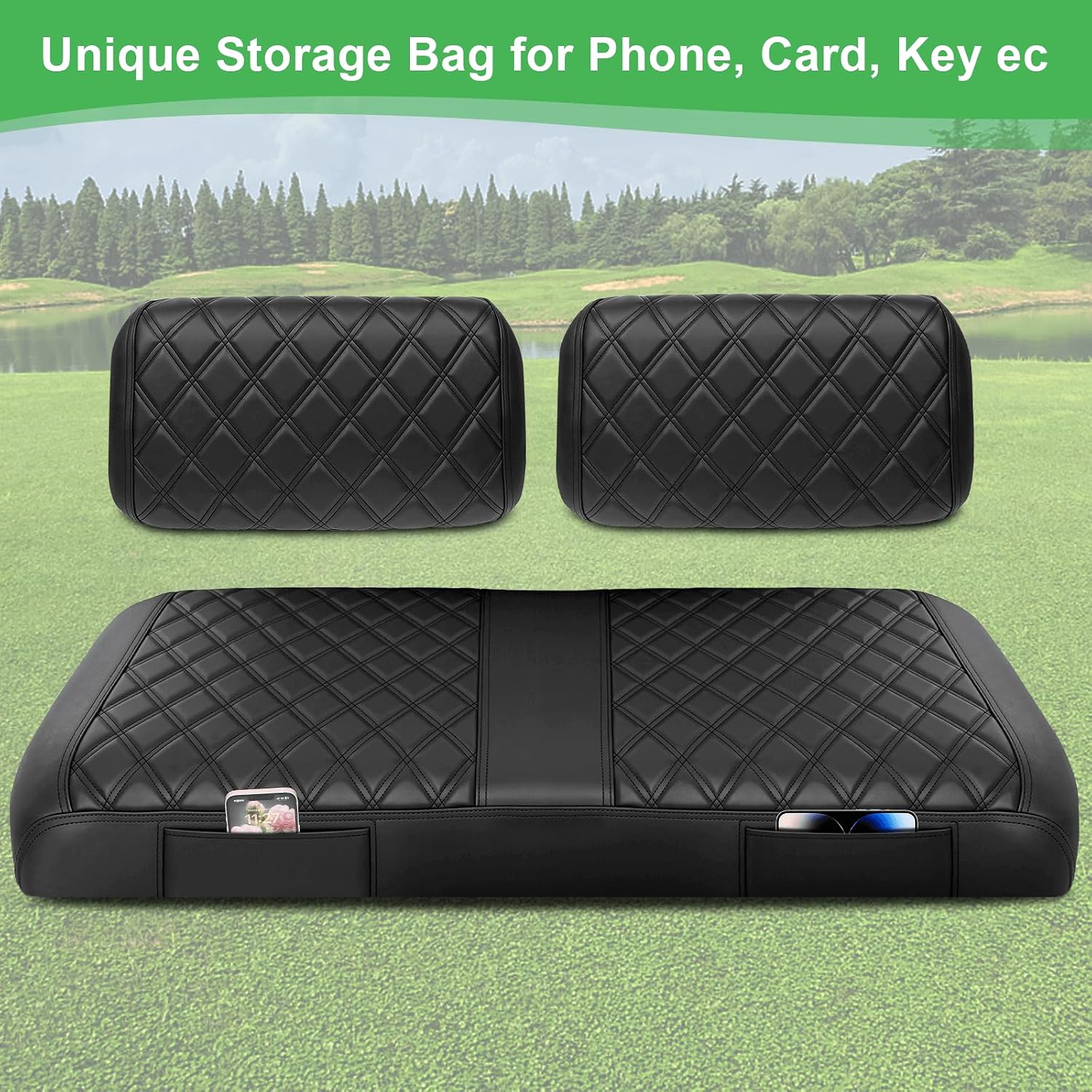 5PCS Golf Cart Seat Covers Front and Rear Set Fit for Club Car DS Pre-2000 OEM Standard Seat Thick Leather Custom Diamond Comfortable, Anti-Scratch, No Staples Black