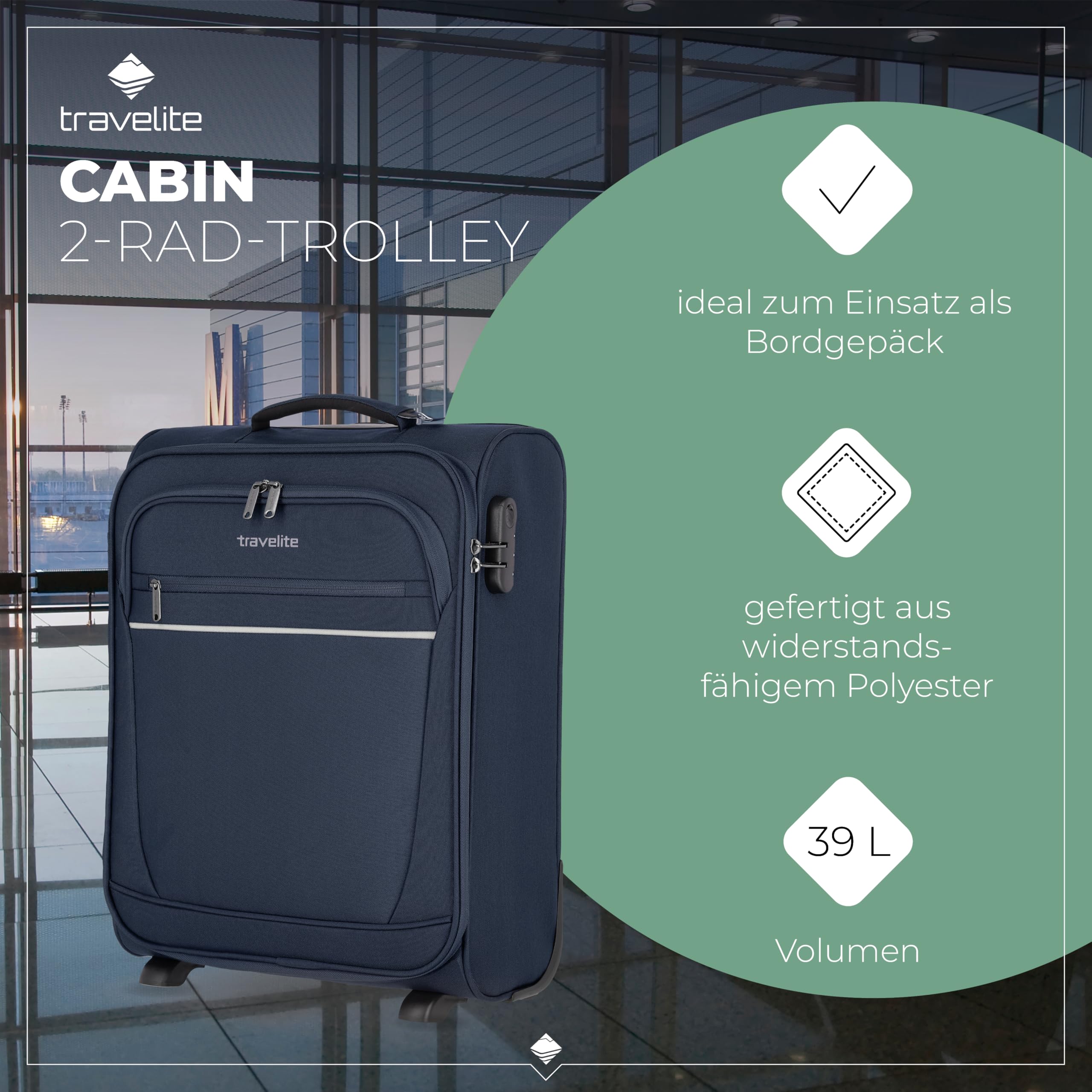 Travelite Bordtrolley Handgepäck Koffer leicht, 2 Rollen, Cabin, Weichgepäck Trolley klein mit Schloss, 52 cm, 39 Liter