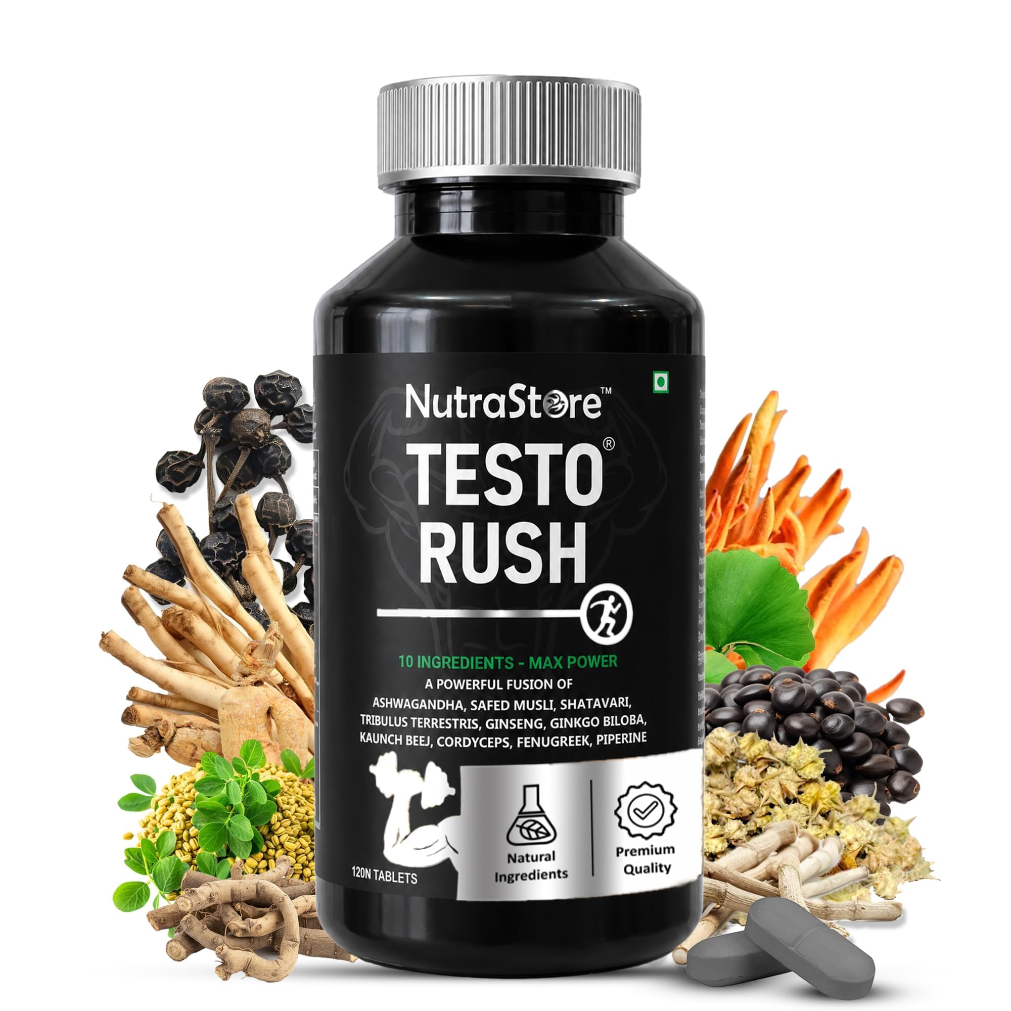 Testo Rush Tablets for Men | Herbal Blend for Strength & Vitality | Ashwagandha, Tribulus & Cordyceps | Fitness & Endurance Support | 120 Veg Tablets-image-43