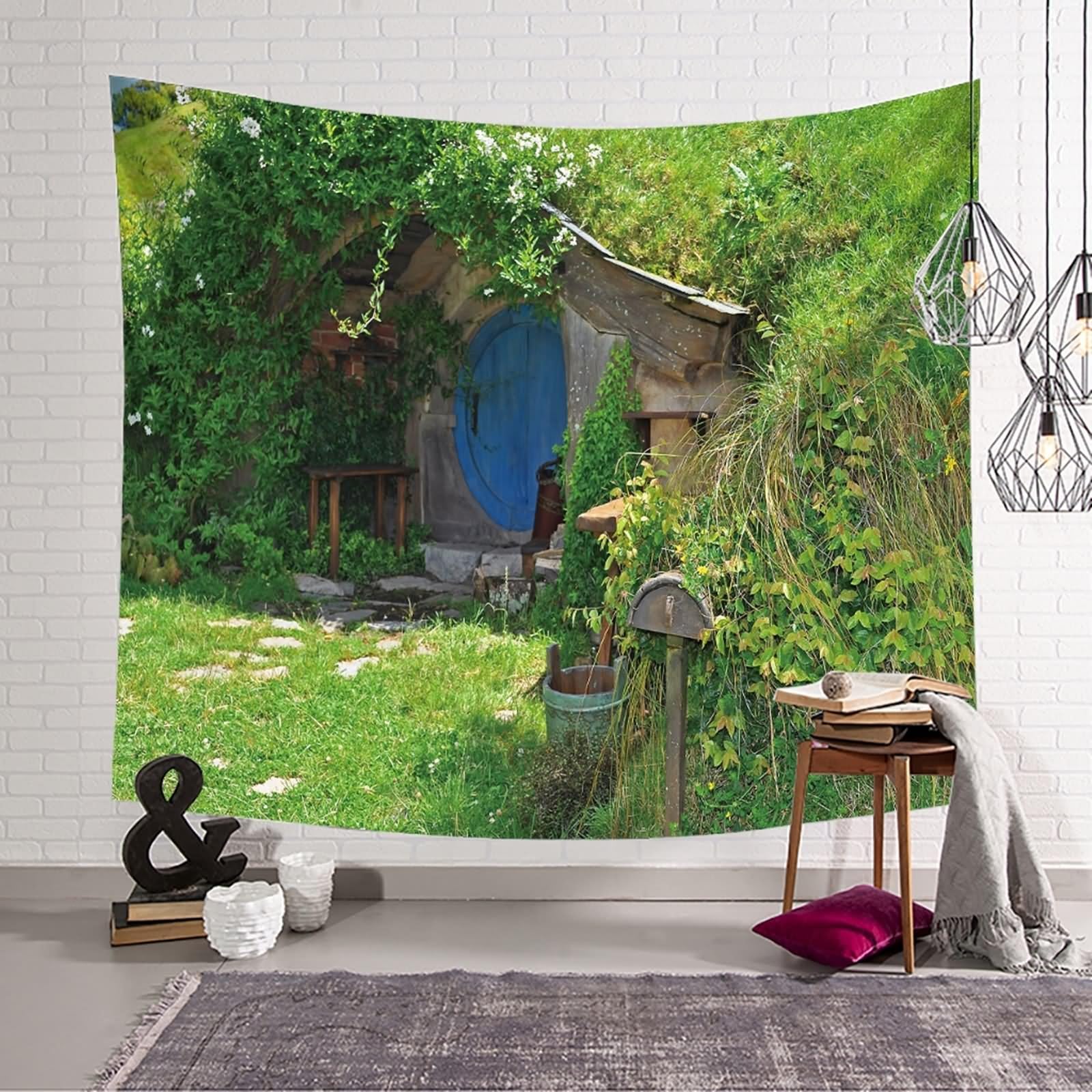 Aotiwe Tapiz estético bohemio, bohemio, para exteriores, estilo chalet, paisaje, verde, para colgar en la pared, vintage, 102 x 94 pulgadas