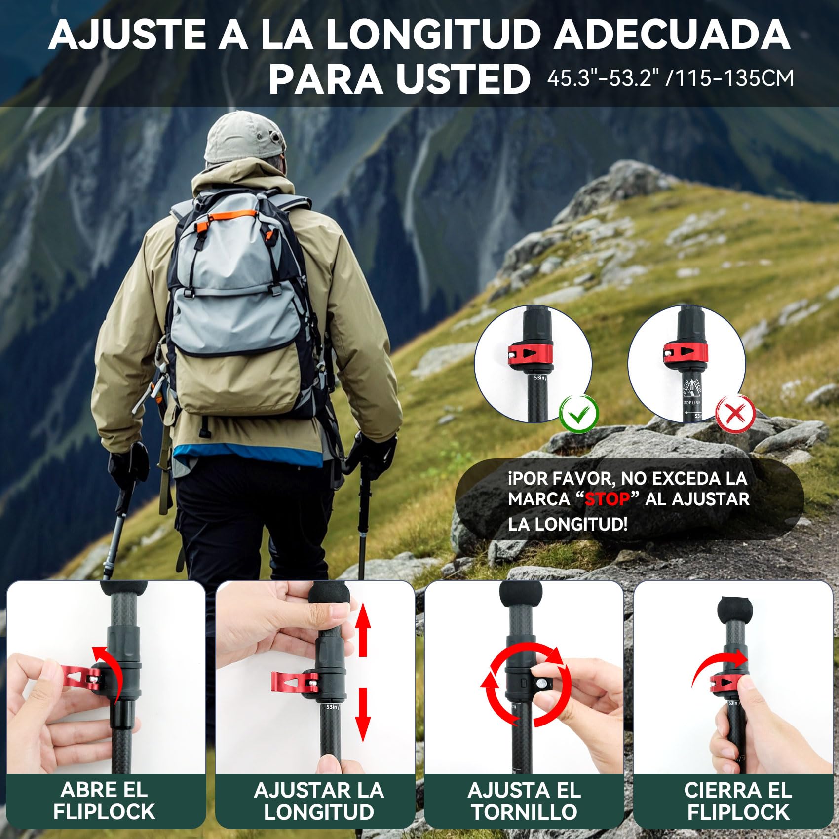 UnderwoodAggregator Bastones de Trekking de Fibra de Carbono - Paquete de 2, Bastones de Senderismo Ligeros y Ajustables para Hombres y Mujeres, Bastones Plegables con Cierre Rápido