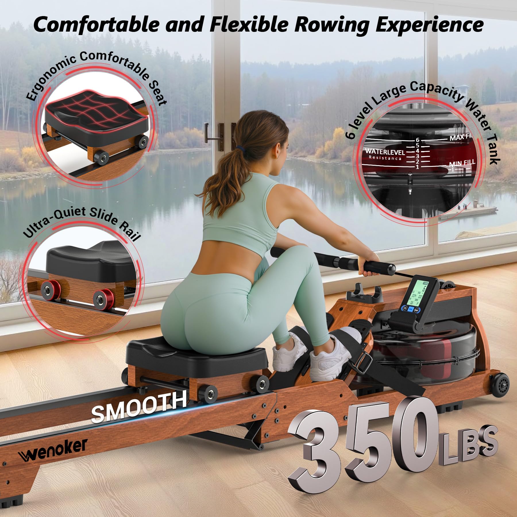 WENOKER Rameur pour la maison, rameur magnétique avec 16 niveaux, rameur de résistance silencieuse, double rail coulissant avec écran LCD, rameur pour exercices de gym