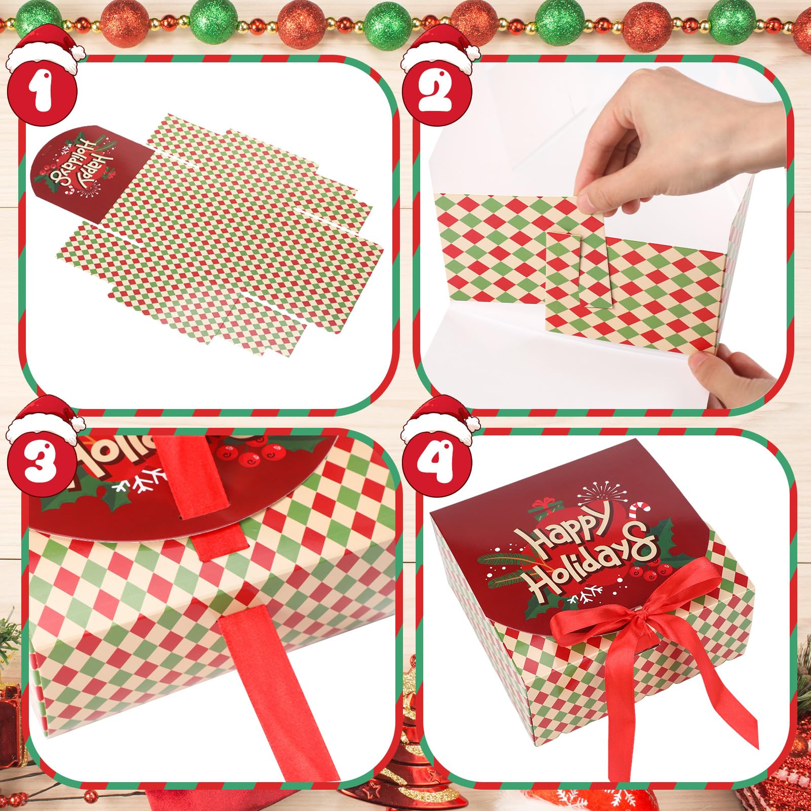 Cholemy Lot de 24 boîtes cadeaux de Noël avec couvercles, 17 x 17 x 7 cm, boîtes à friandises de Noël avec ruban rustique pour cadeaux, cupcakes au chocolat (style adorable)