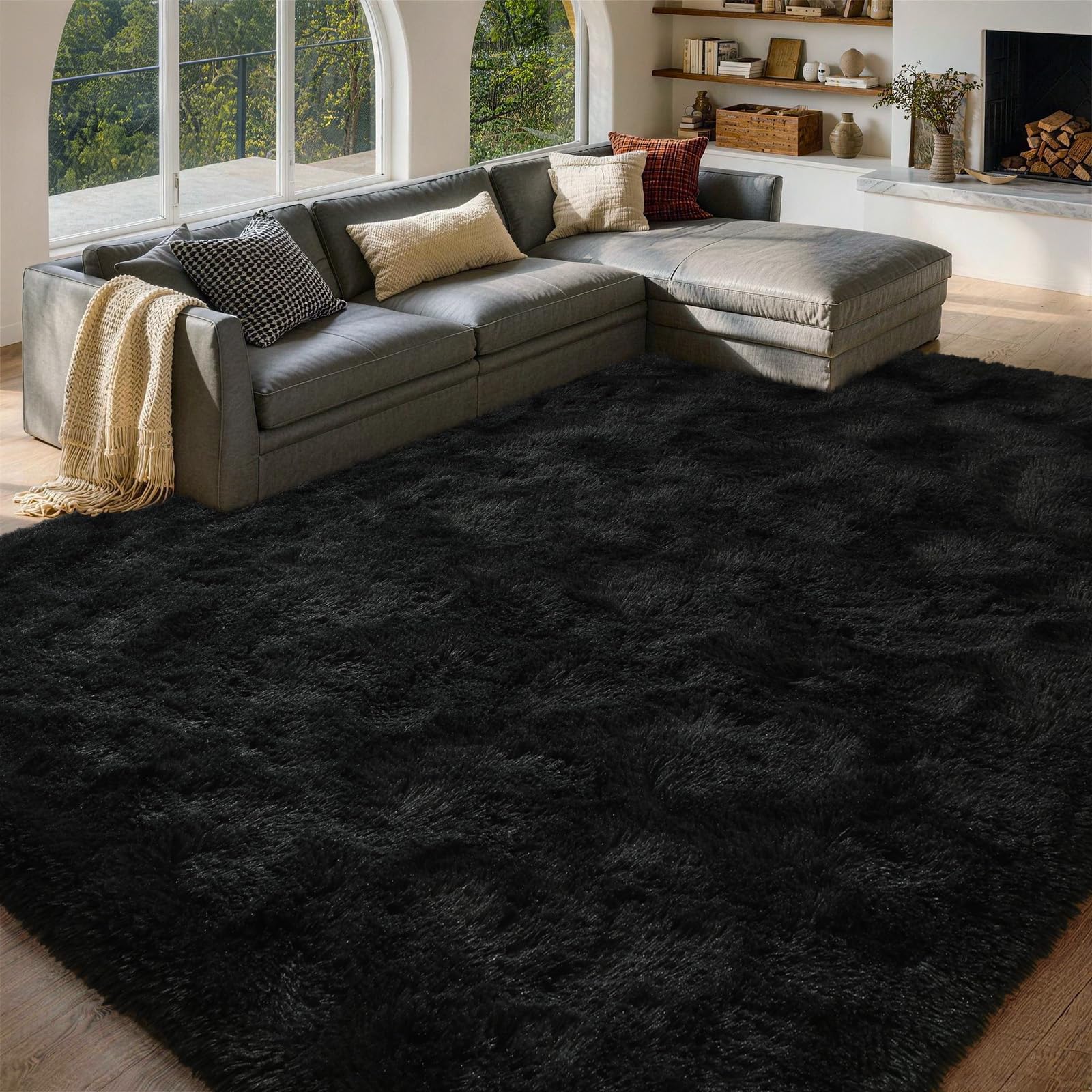 FinRèc 8x10 Feet Black Rugs for Living Room Bedroom, Fluffy Shaggy Area Rug, Non-Slip Soft Shag Rug for Nursery Kids Room Dorm Room Home Decor,