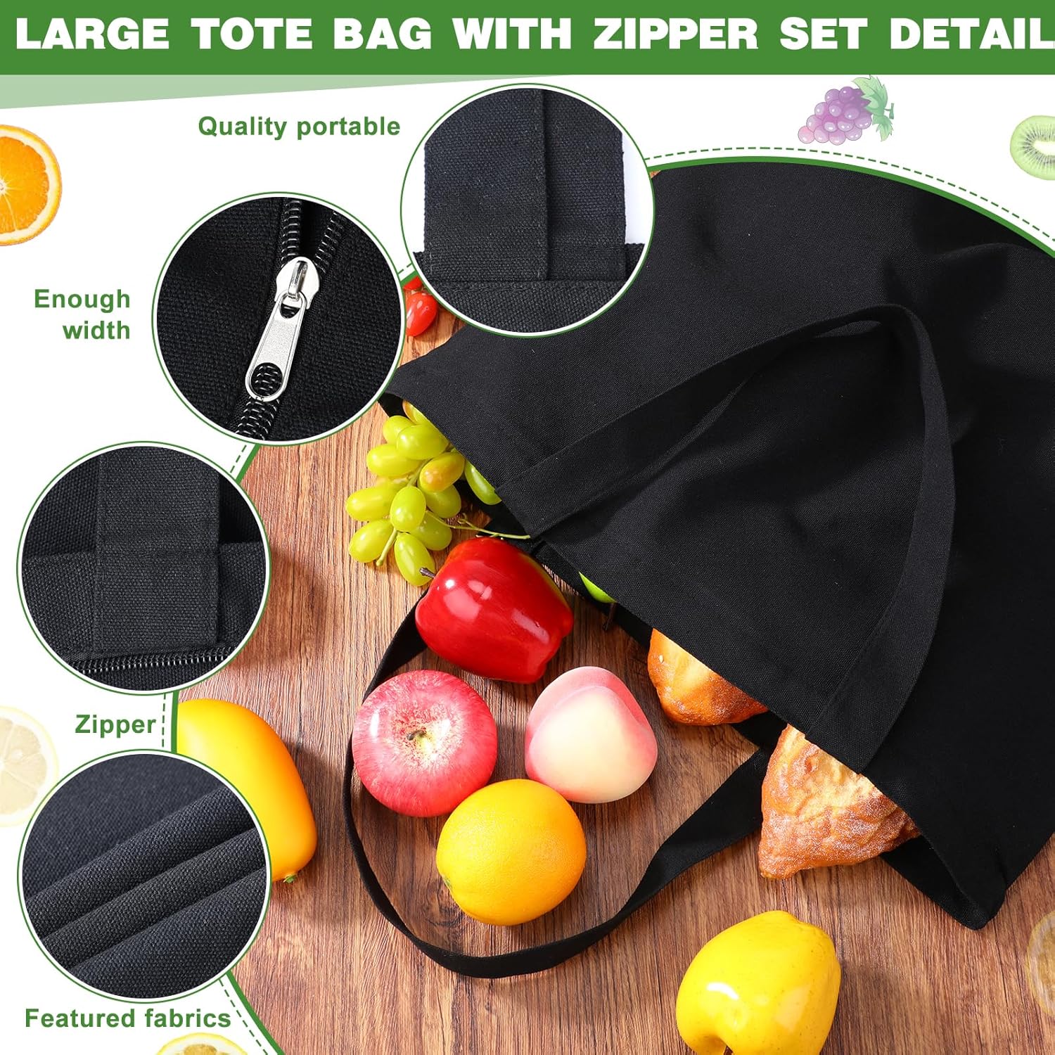 Epakh Canvas Tote Bag with Zipper - Bulk Reusable Large Blank Cotton Grocery Shopping Tote for Women Men DIY Crafting