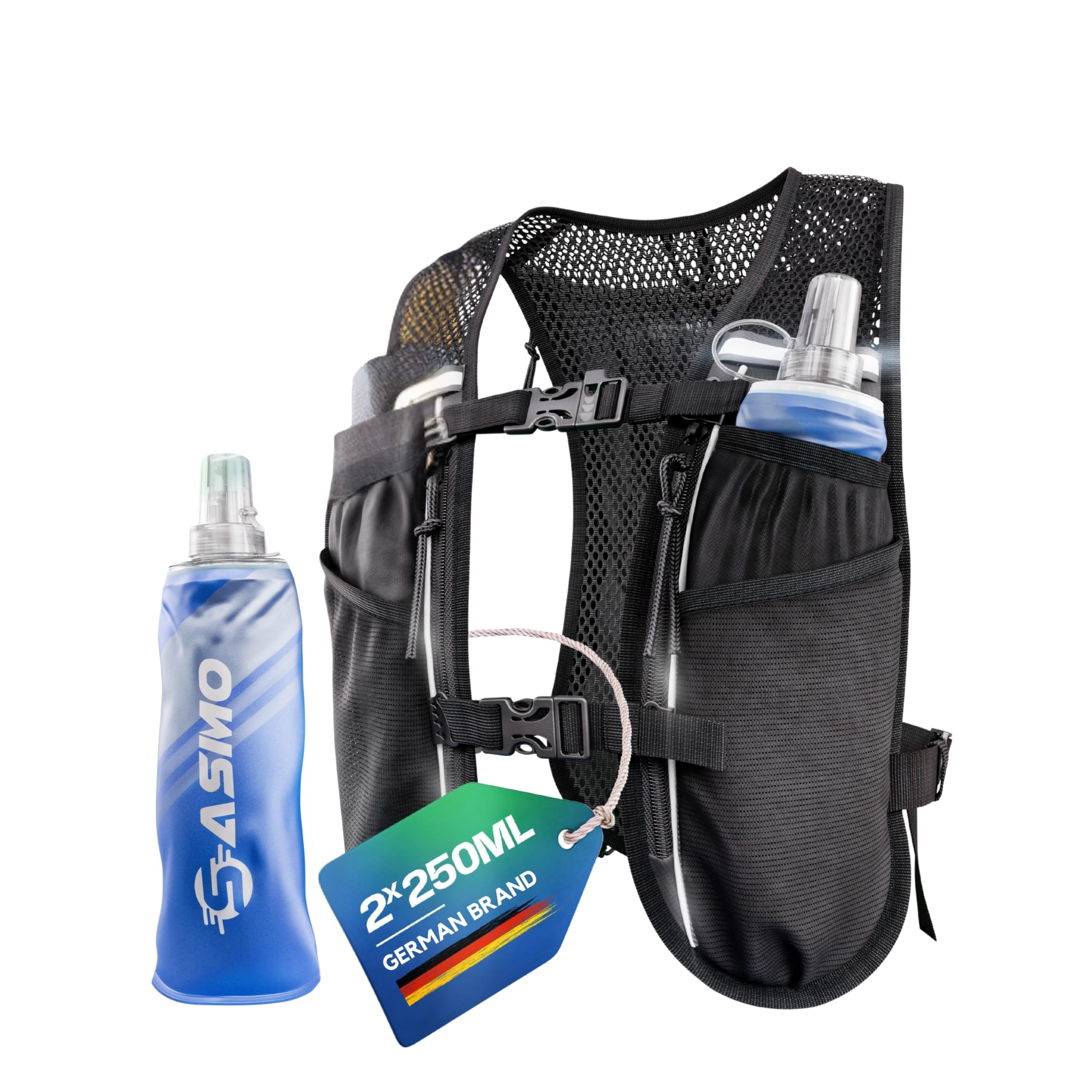 SASMO Running Vest for Women & Men โ Ultralight Unisex Hydration Vest 2L & 5L, Bounce-Free Adjustable Fit, 8 Pockets, Reflective