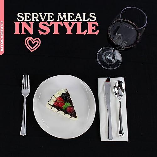 Miniatura 4 de Juego de cubiertos de plástico plateado para fiestas, juego de 180 cubiertos desechables preenrollados envueltos individualmente con servilletas