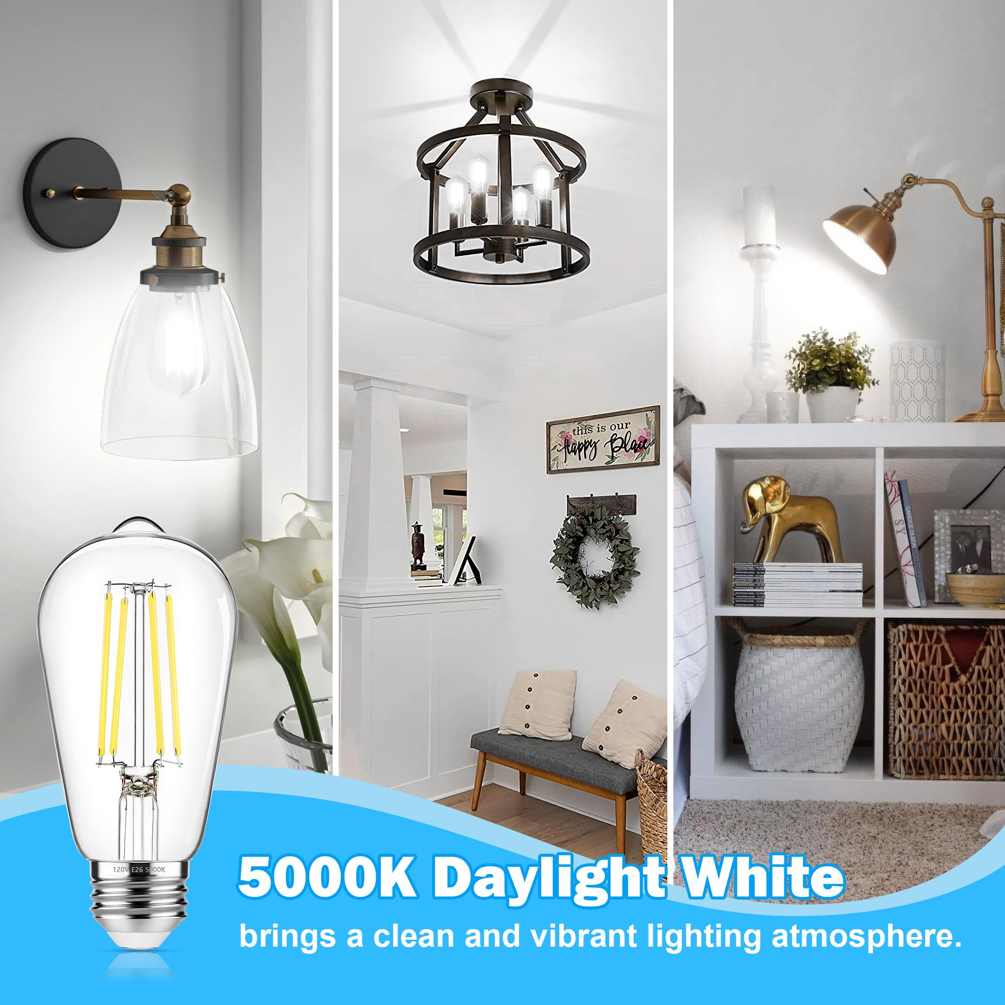 4-Pack Vintage Edison LED Bulbs 60W Equivalent 850LM 6W Edison Light Bulb Daylight White 5000K ST58 LED Filament — view 4