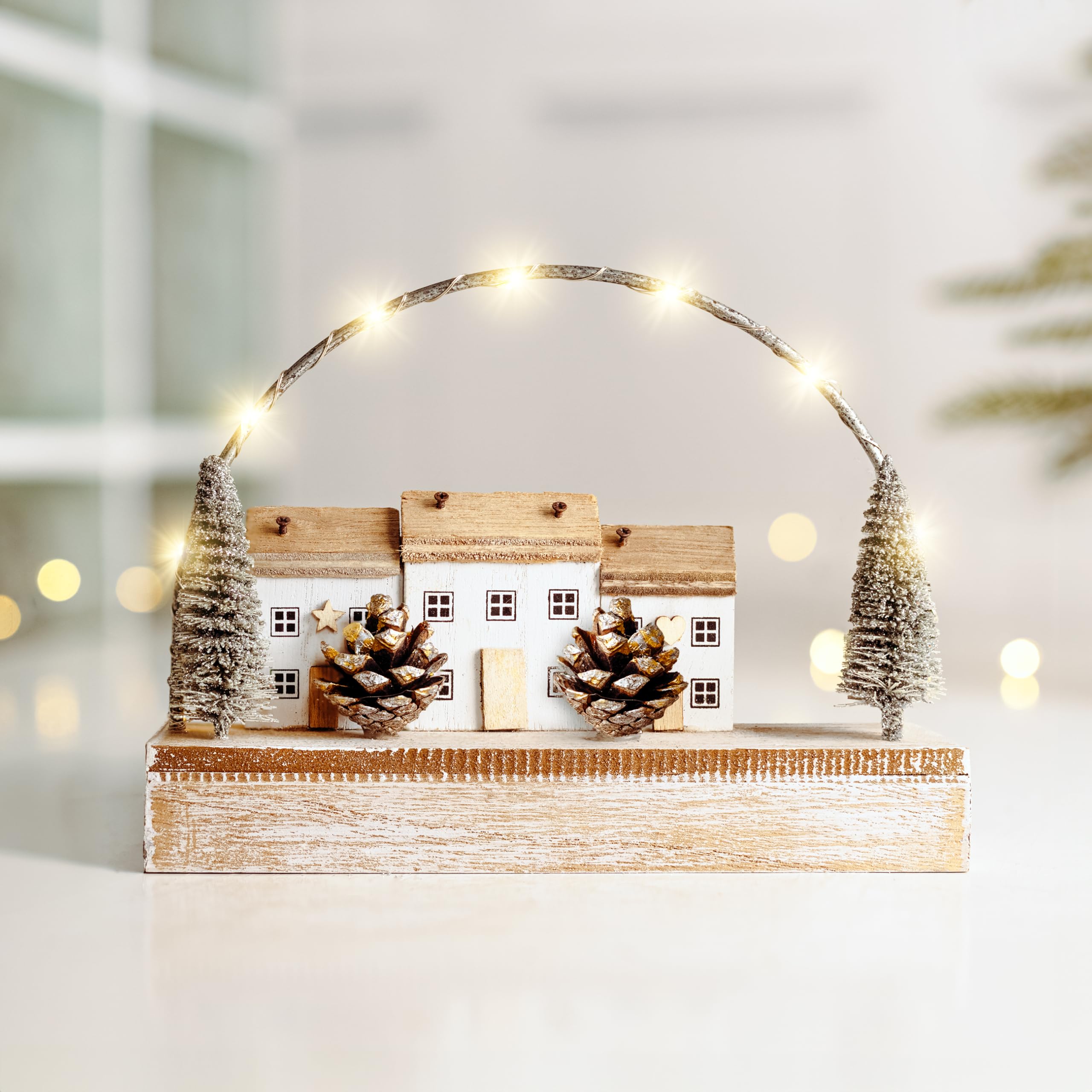 Marco Paul Christmas Light-Up House Ornaments, Christmas freestanding Wooden LED Houses Tabletop Decorations Christmas Scene for Festive Home Decor (Silver Houses)