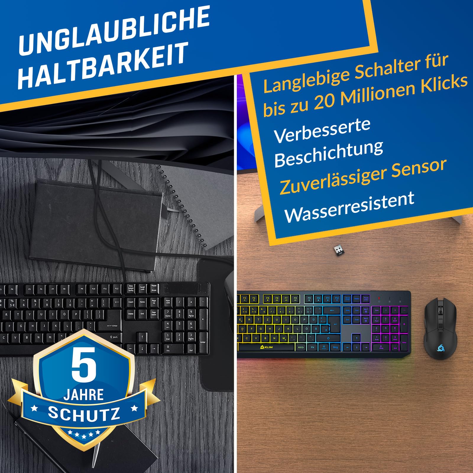 KLIM Blaze & Chroma - Set tastiera senza fili QWERTZ piatto, ergonomico, tastiera per mouse per PC, batteria integrata e durevole