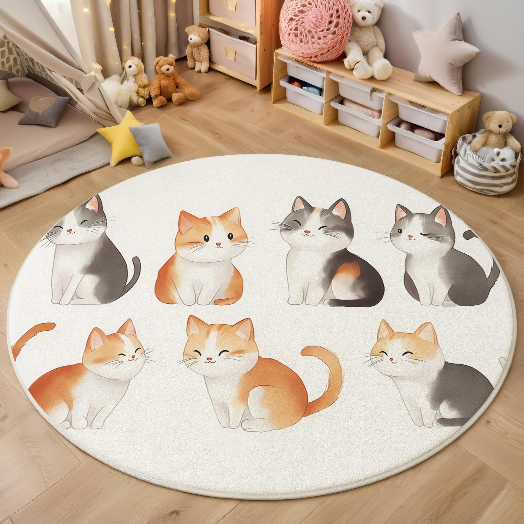 Tapis rond chat de dessin animé blanc 200cm lavable pour votre salon