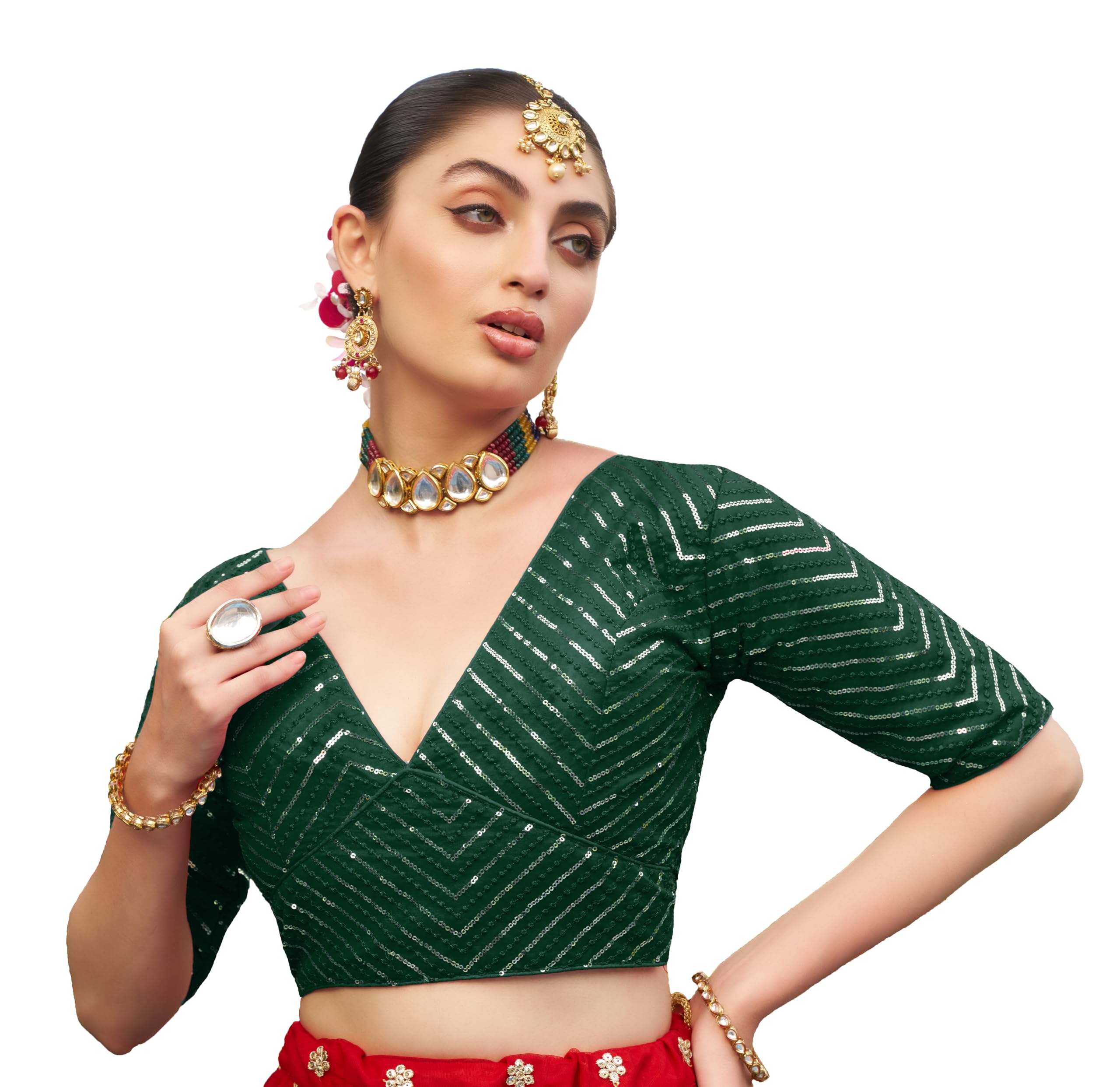 Pujia Mills Womens Fancy Readymade Ethnic wear Half Sleeve Sequins Saree Blouse sabyasachi Blouse for Women Saree and Lehenga Choli Bridal Blouse