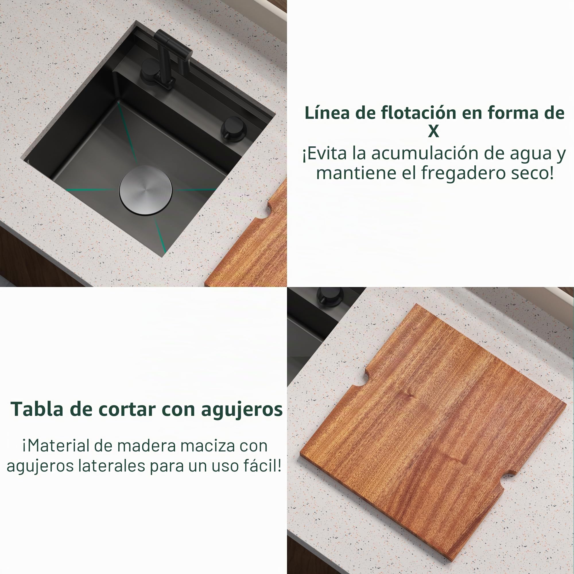 TORVA fregadero camper con grifo cocina, fregadero negro cocina 1 seno acero inoxidable bajo encimera, 40,6 x 43,2 x 23 cm