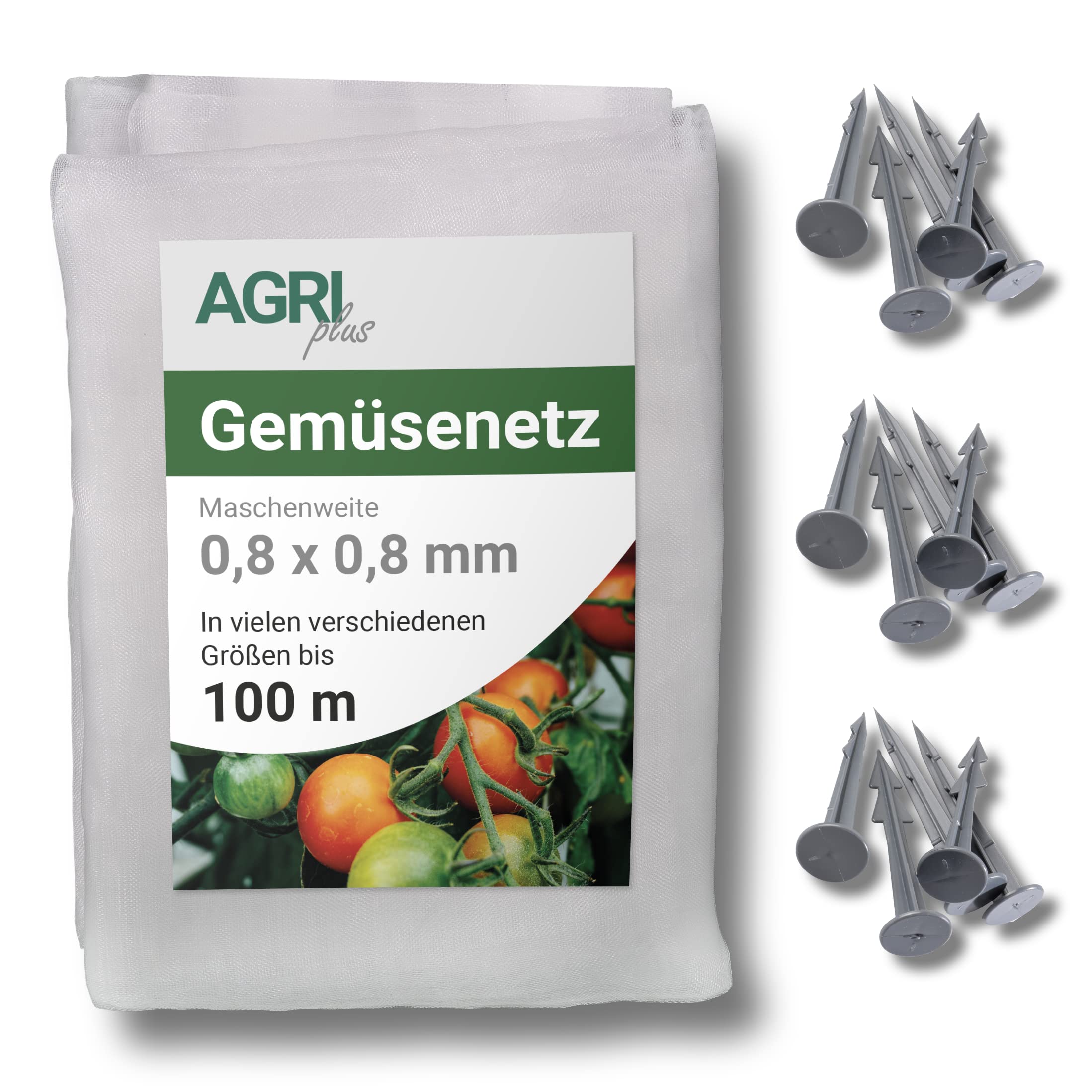 Agriplus - Rete di protezione contro i parassiti a maglia fine/stretta - Rete di protezione per verdure, rete di protezione culturale, rete di protezione dagli insetti, (2 x 15 m - con 35 picchetti)