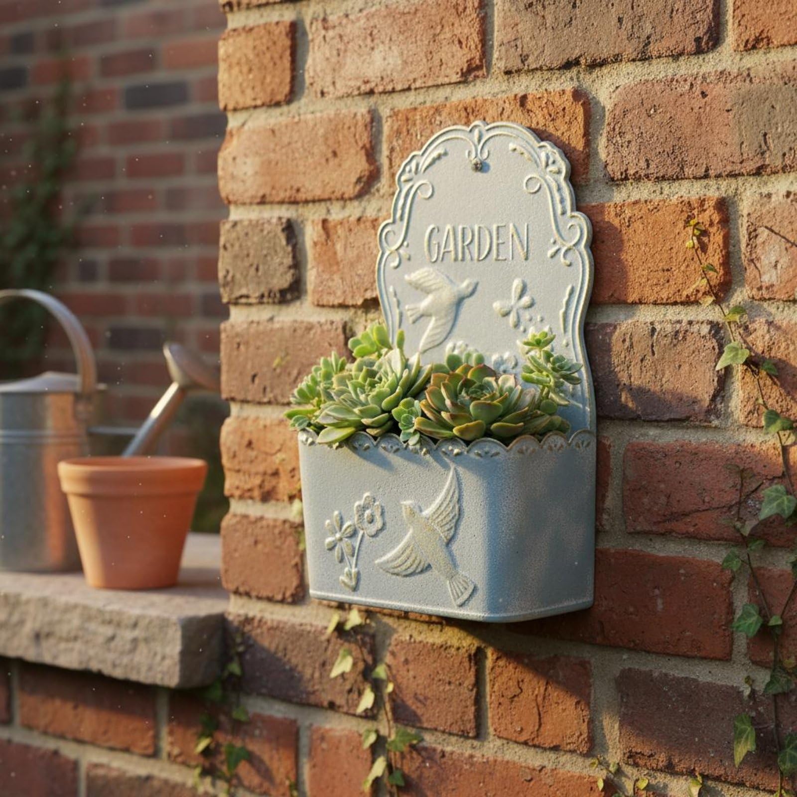 Jardinière Murale Pot Suspendu Support Suspendu Pot Support Plante en Métal Enduit avec Motifs Oiseaux Fleurs en Relief pour Compositions Traînantes, Vert
