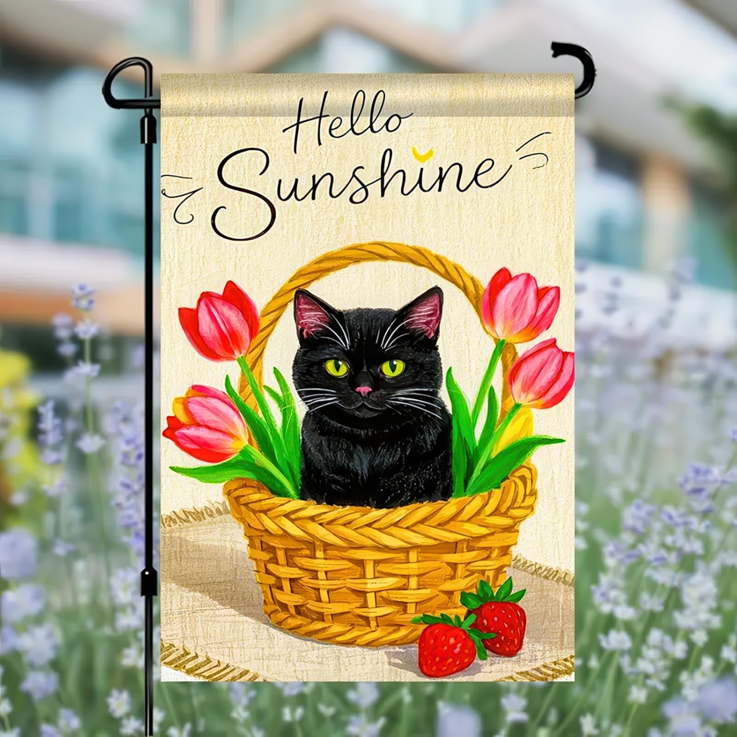 Hello Sunshine Garden Flag 12x18 Inches Black Cat Tulips Welcome Garden Flags Decorative Small Yard Flag for Lawn Patio Outdoor Outside Deco Spring Summer Decoration - Image 5
