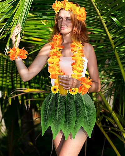 Miniatura 6 de 6 piezas de disfraz hawaiano para mujer, incluye falda hula, top hawaiano, flor hawaiana, collar y pulsera para Halloween, mujer, cosplay
