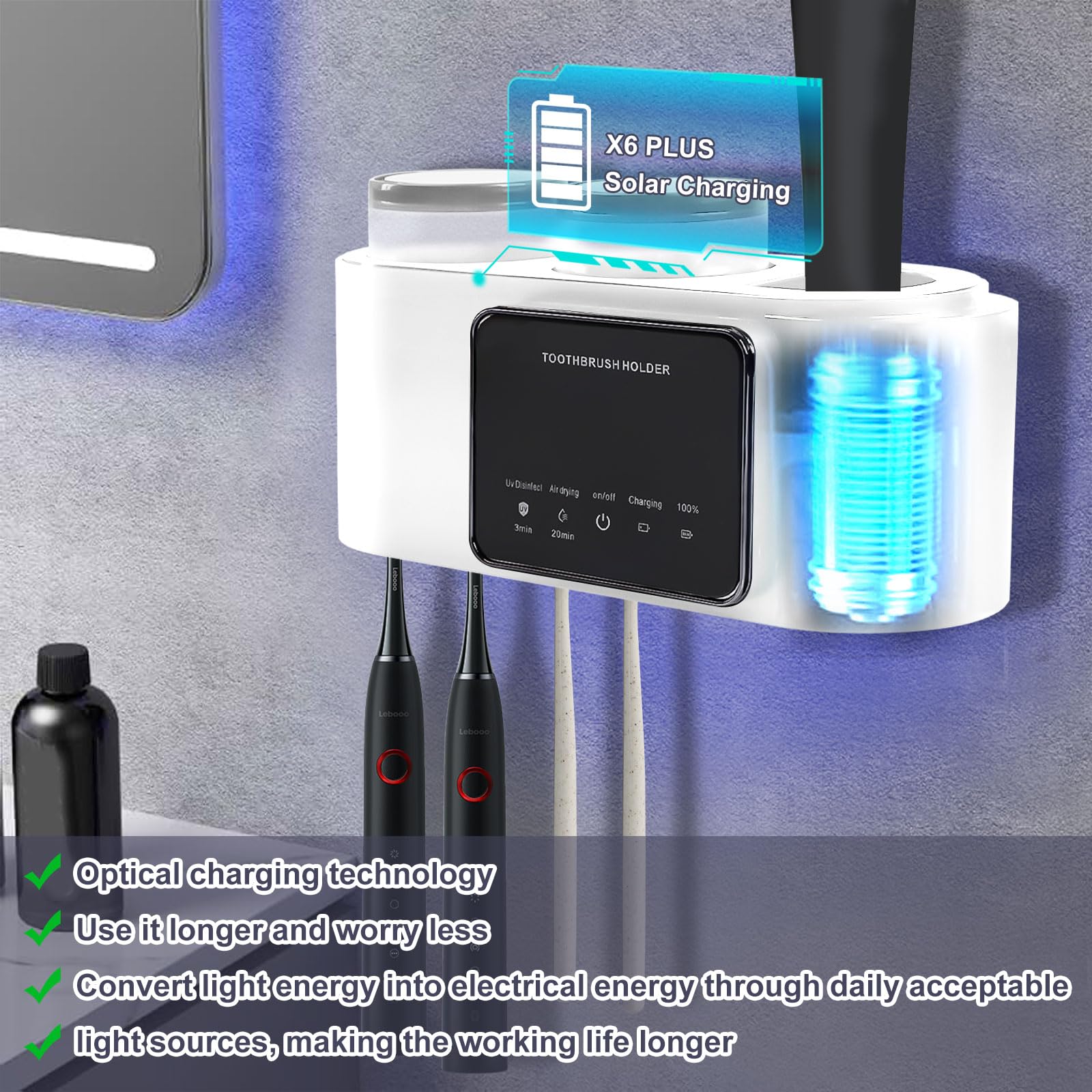 Porta Cepillo de Diente,Soporte para Cepillo De Dientes de Pared con Función Esterilizador,Soporte Cepillos Electricos y Compartimento de Almacenamiento,4 Ranuras para Cepillos,2 Tazas (Blanco)