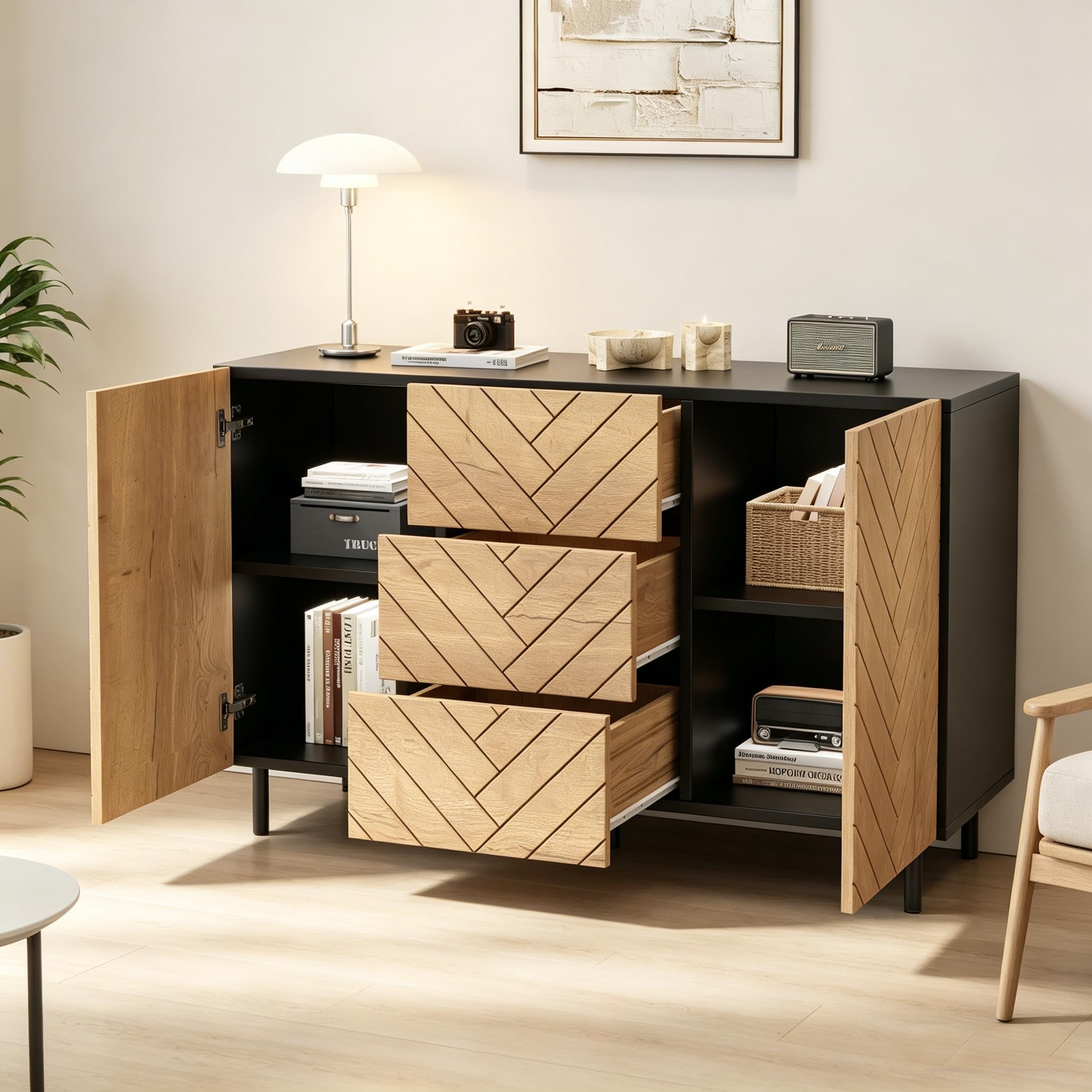 REXO Credenza 120 × 40 × 76 cm, truciolato, moderno, con 3 cassetti e 2 armadi, per soggiorno, armadietti, legno naturale