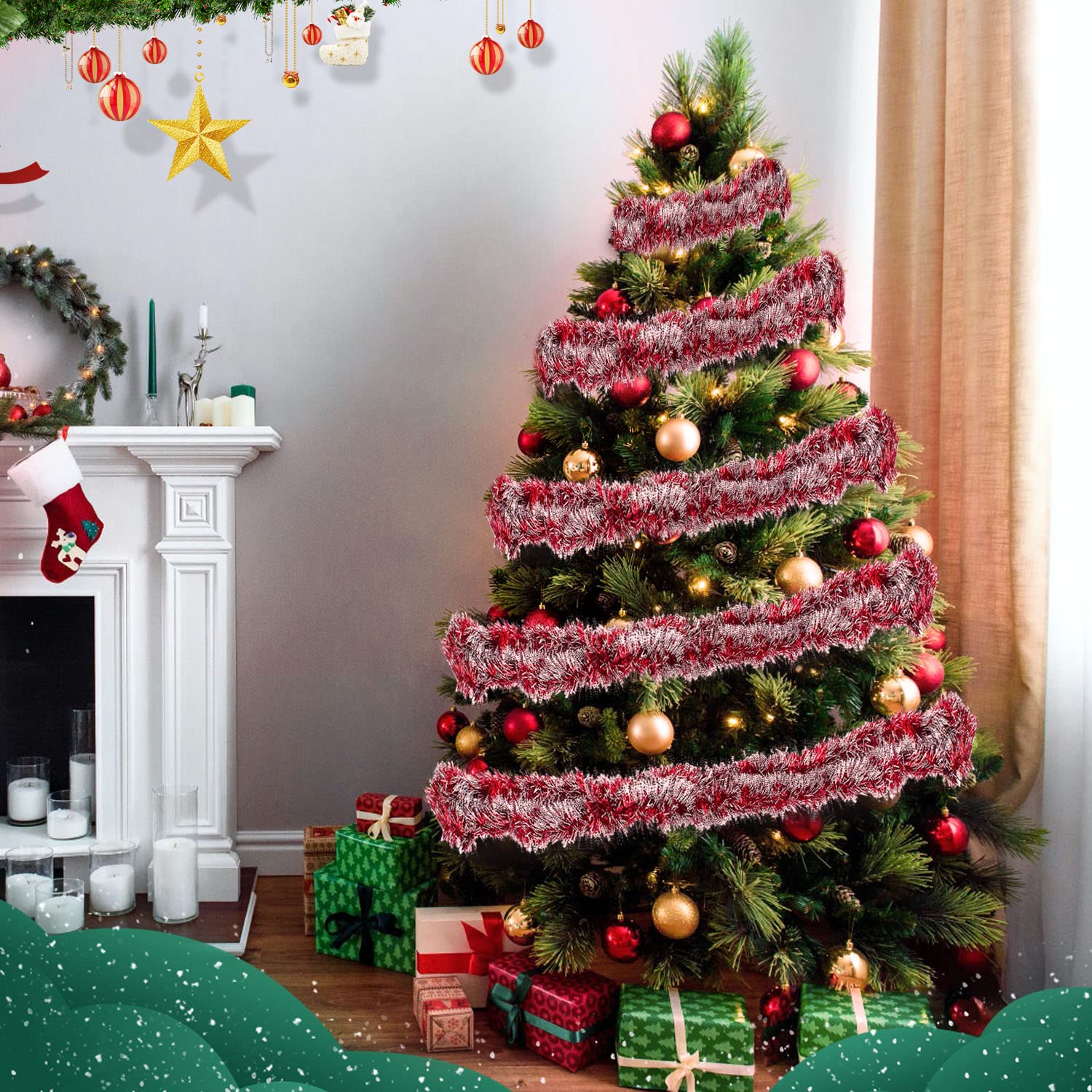 Ghirlanda Natalizia Metallizzata 12 Metri – Filo Morbido Per Decorazioni Albero, Casa, Feste – Oro/Rosso/Verde - 2