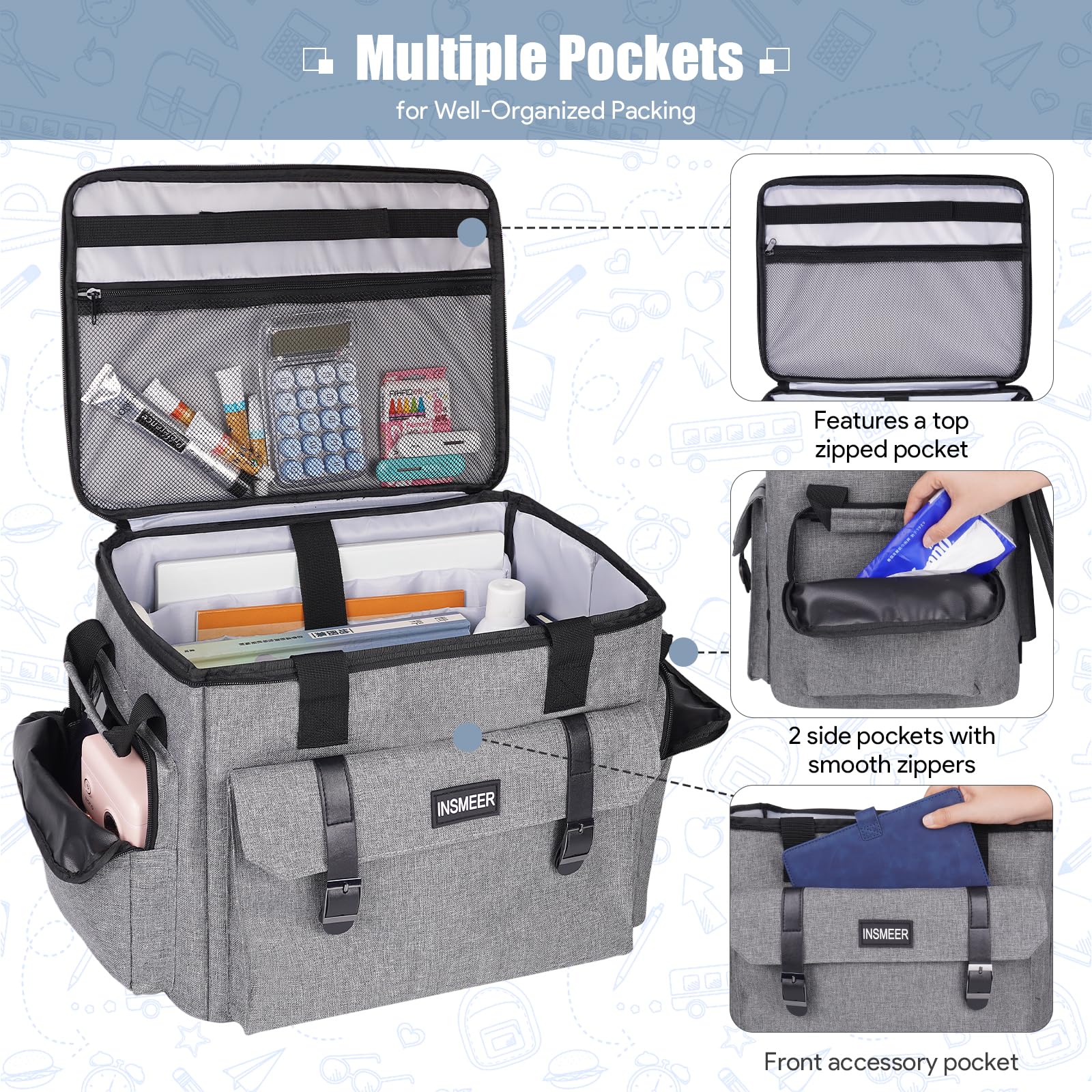 INSMEER Sac à roulettes pour enseignant avec compartiment pour ordinateur portable de 15,6", sac fourre-tout à roulettes pour enseignants avec sac à déjeuner supplémentaire, sac à roulettes 3 en 1