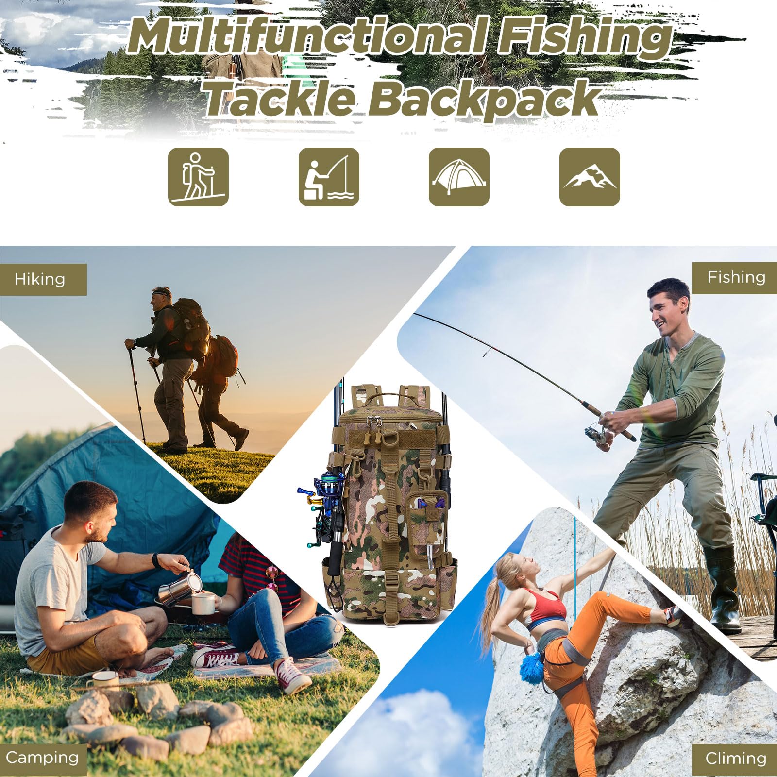 Zaino da Pesca, Borsa Impermeabile per Attrezzatura da Pesca, Borsa a Tracolla Mimetica Tattico Militare Molle per Escursionismo, Campeggio, Viaggio, Ciclismo