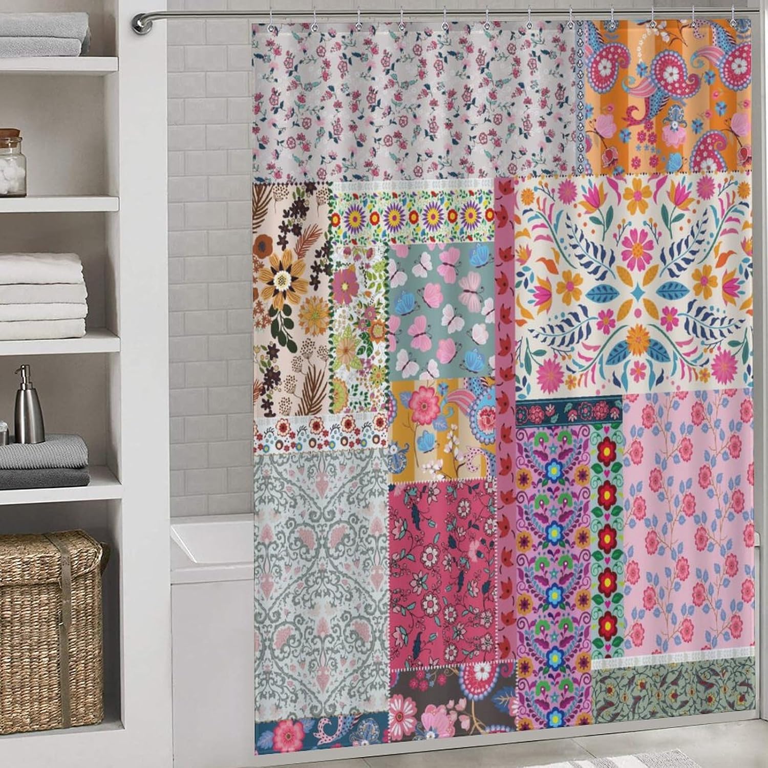 Boho Floral Shower Curtain for Bathroom, Boho Vintage Patchwork Flower Bohemian Colorful Spring Retro Pattern Stitching Bohemian Waterproof Fabric Shower Curtain Set with Hooks, 72"x84" Inch
