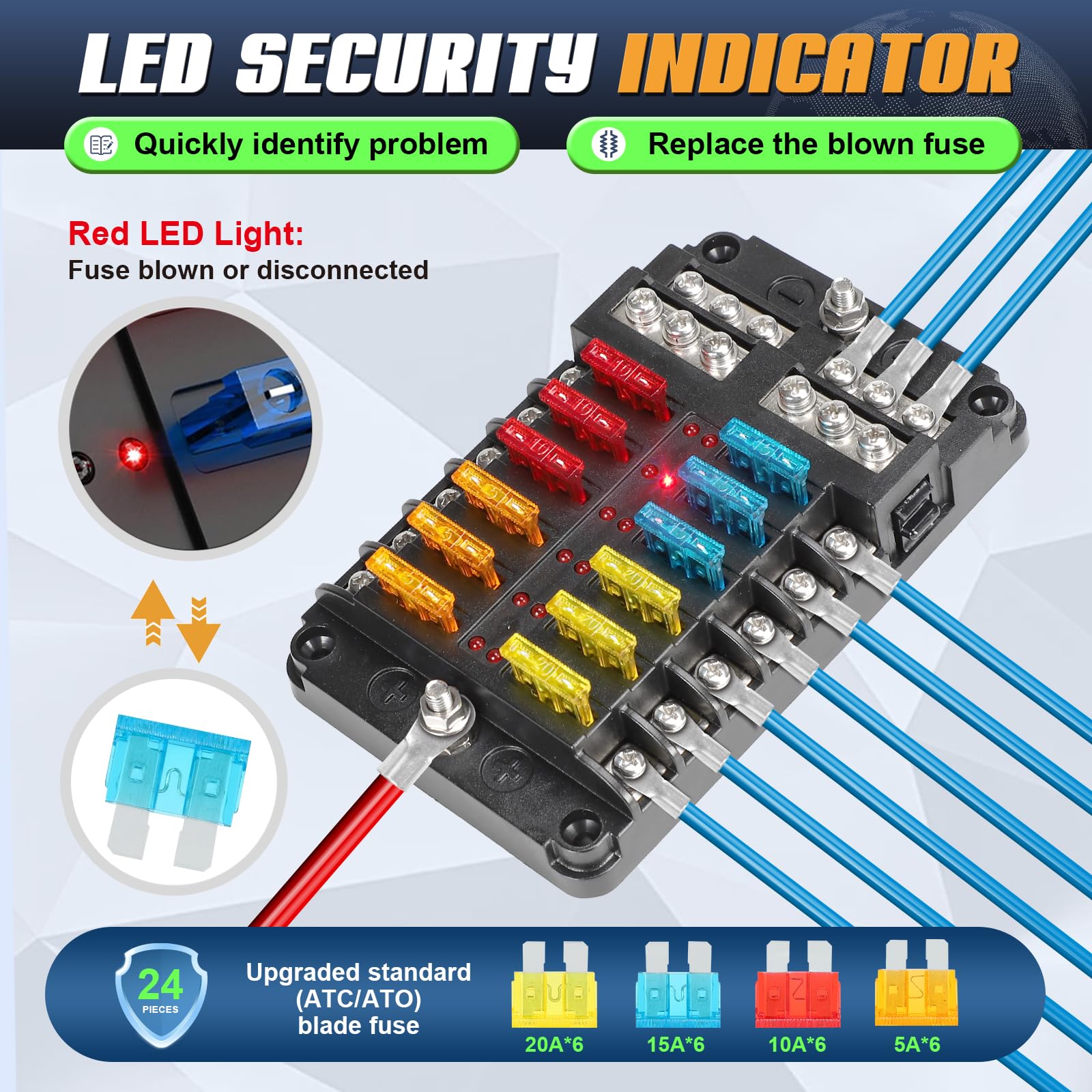 Portafusibili 12V 12 Vie - Con Indicatore LED, Per Auto, Barca, Camper, Max 30A A Circuito - Foto 5