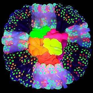 100 Pcs UV Neon Balloons, 12 inch Polka Dot Blacklight Party Balloons Glow in the Dark, 3 Colors Fluorescent Latex Balloons with Glue Point for Birthday, Blacklight Party, Glow Party Supplies
