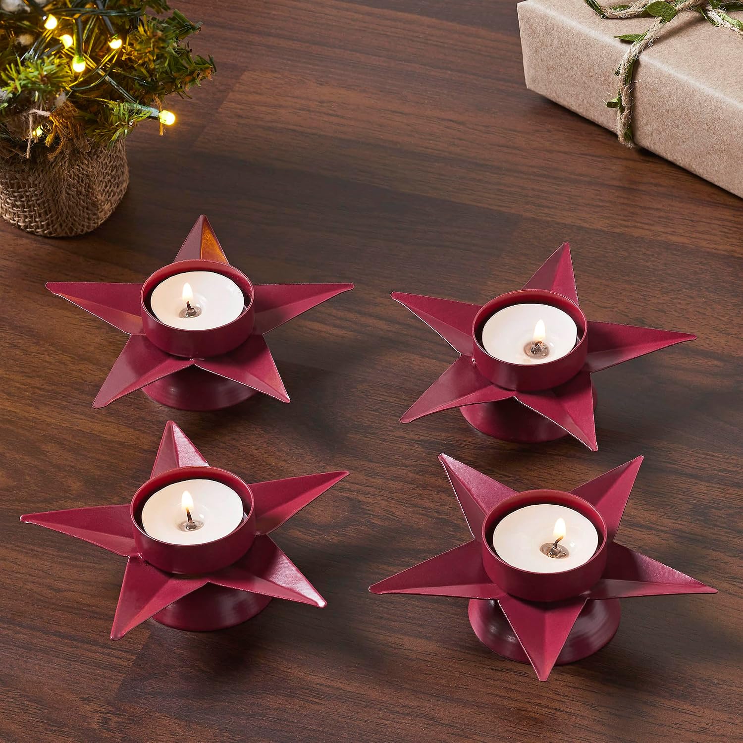 Tealight Holder Star Barn Red Set of 4 1.5x5x5