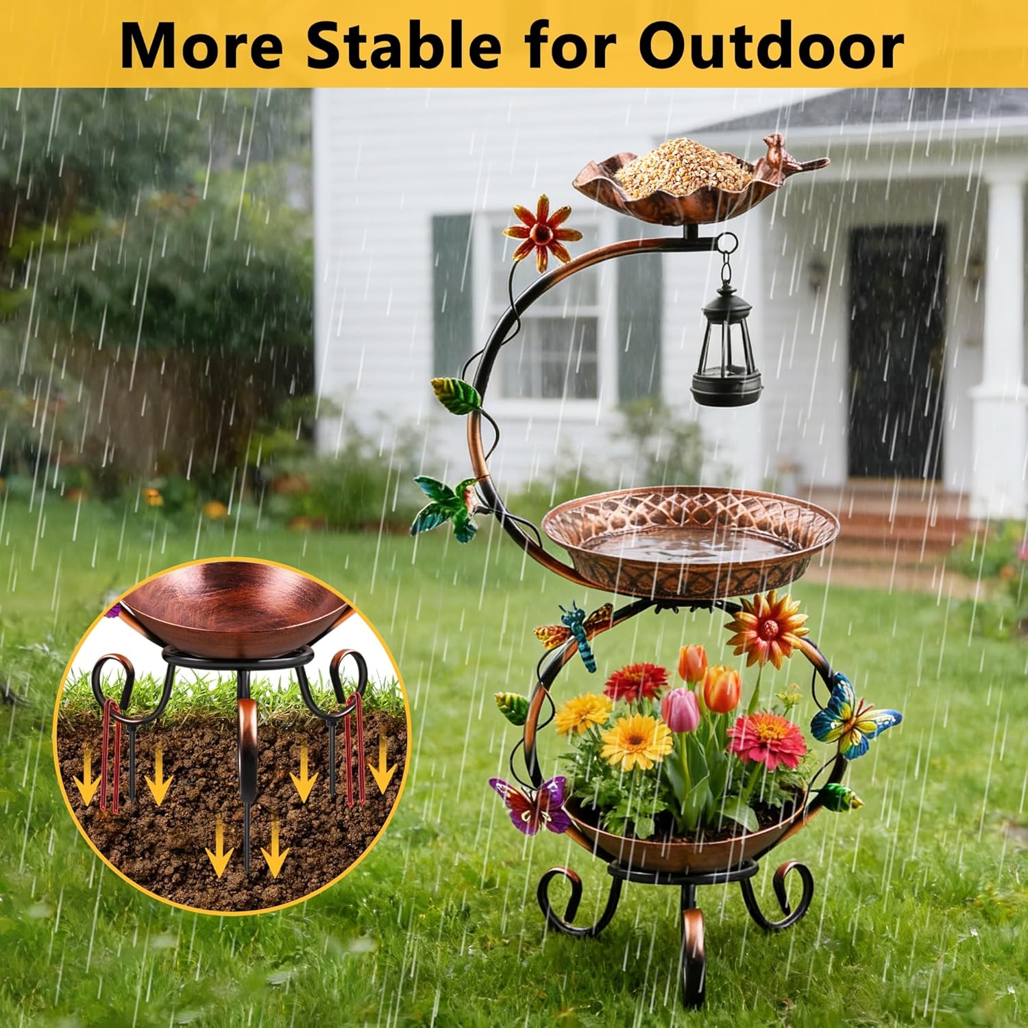 Metal Bird Bath for Outside, 3 in 1 Large Bird Birdbaths for Outdoors with Solar Lamp & Flower Planter Pedestal, Vintage Freestanding Bird Feeder Water Bowl for Garden Yard Lawn Decor, Bronze