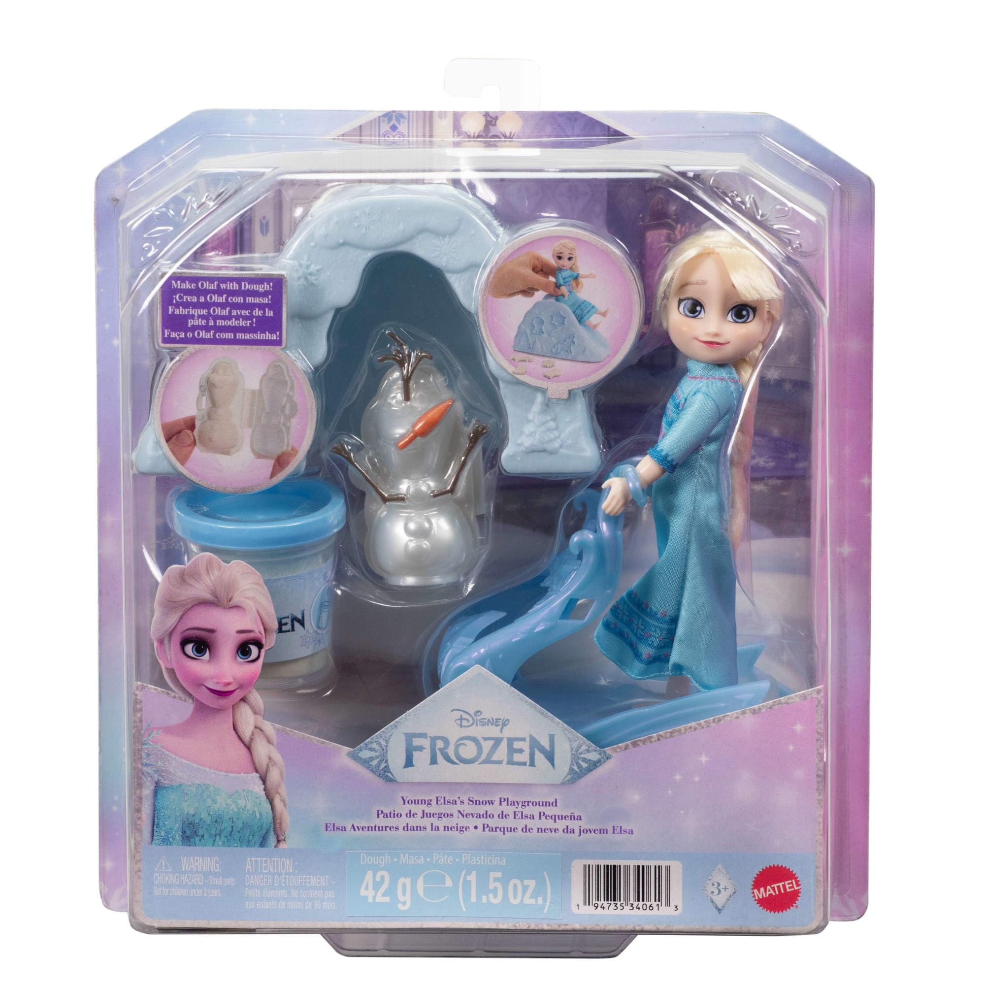 Mattel Disney Frozen - Parco Giochi delle Nevi, set ispirato al film con bambola Elsa in camicia da notte, pasta per modellare, stampo di Olaf, slitta e accessori inclusi, JJP87