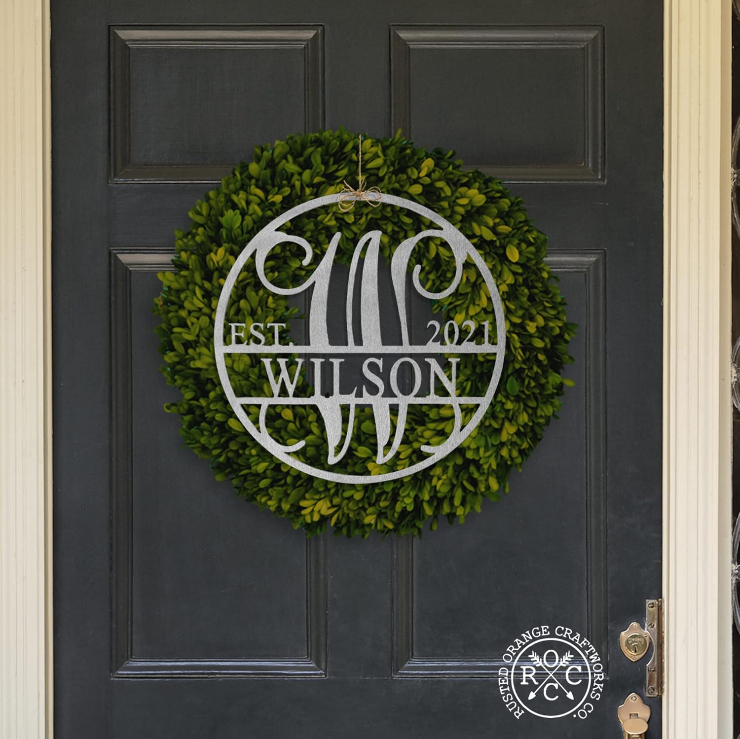 ROCC Rusted Orange Craftworks Co. 15" Metal Circle Personalized Monogram Established Date Custom Wreath Hanger, wedding gifts, anniversary gift for couple, home metal wall decor | farmhouse wall decor