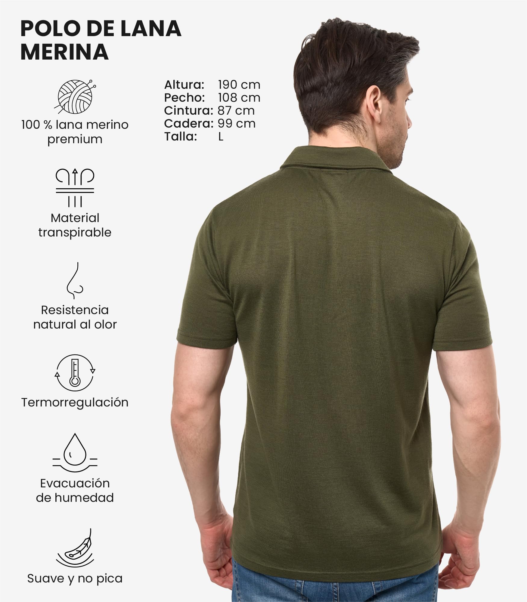 Merino.tech Polo Lana Merino para Hombre - Camiseta Lana Merino 100% | Antiolores, termorreguladora, no se arruga, para oficina y ocio, lavable a máquina