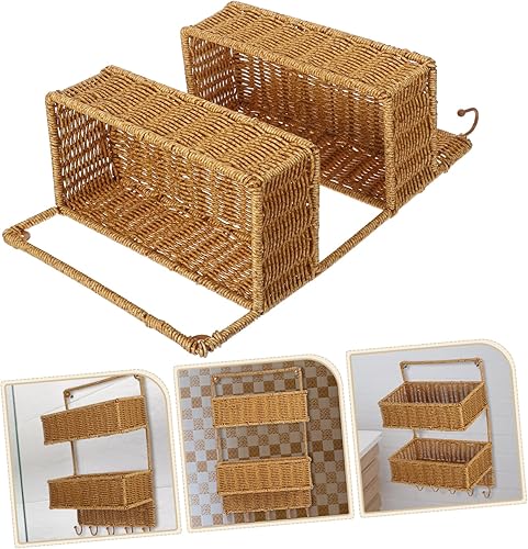 Miniatura 8 de Angoily Cesta clasificadora de almacenamiento tejida de 2 niveles con 5 ganchos, cesta de frutas colgante de ratán para cocina, verduras,