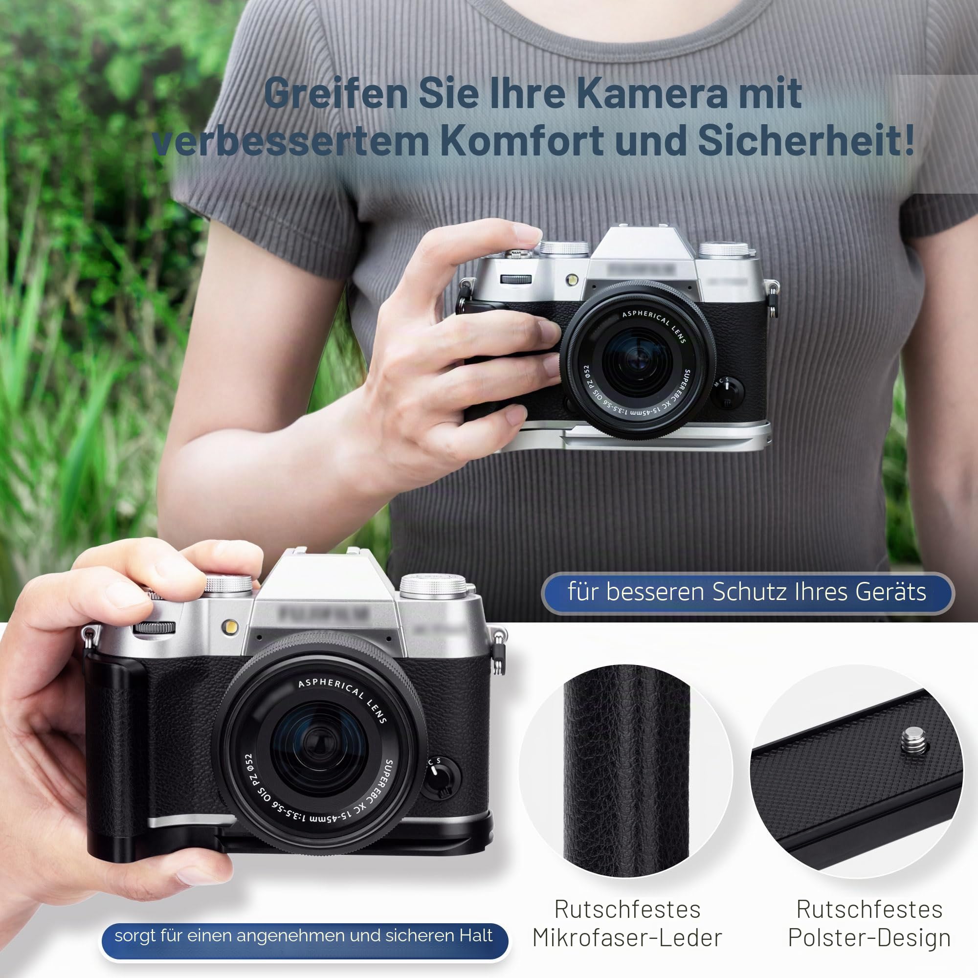 JJC L-Handgriff für Fuji X-T50 Arca-Swiss-Schnellwechselplatte, Schwarz | Hochwertiges Aluminium | Rutschfester Silikongriff | Vollzugriff auf Display | Vollzugriff auf Akku, SD-Karte & Lautsprecher