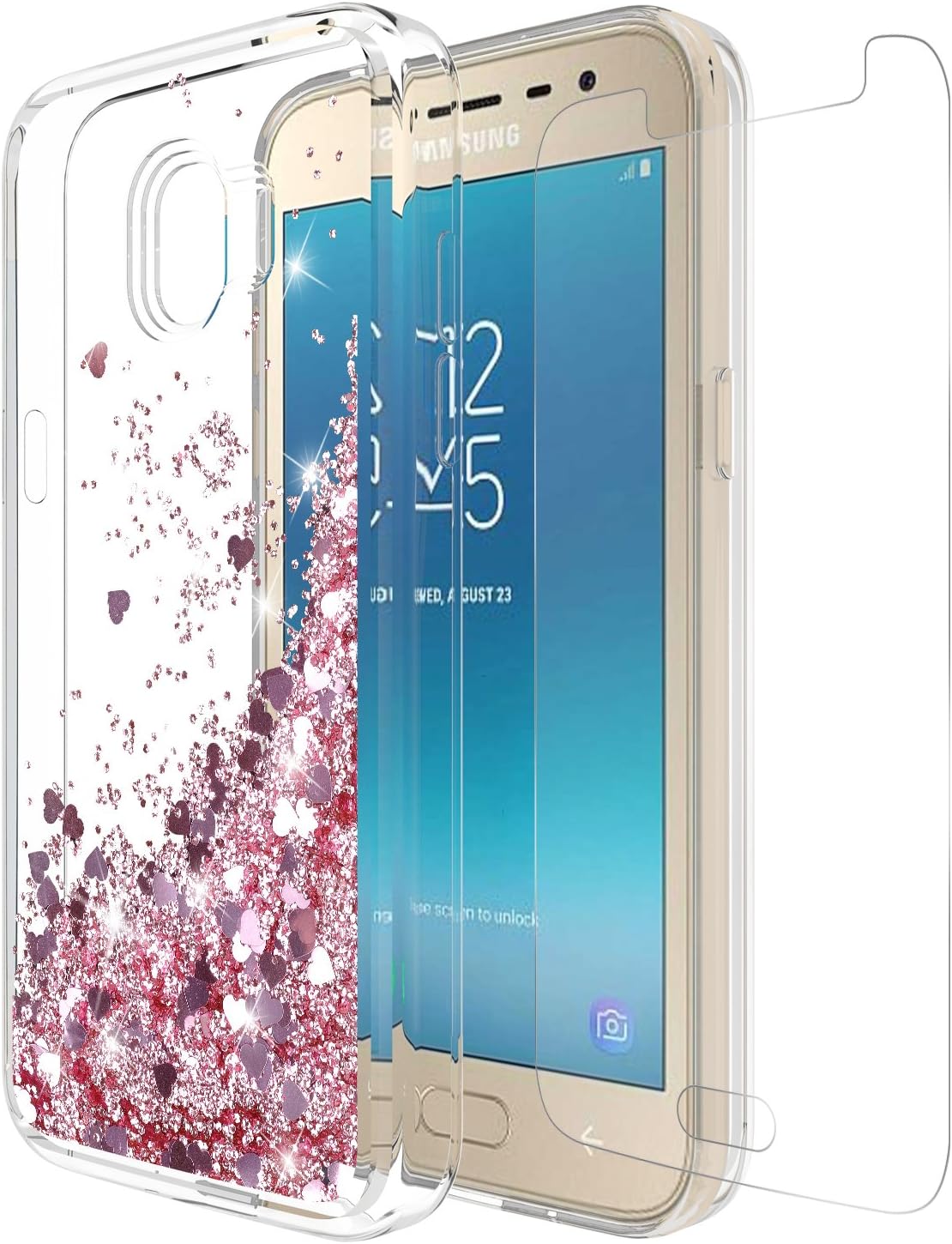 Galaxy J2 Pro 2018 Case, J2 PRO, Galaxy Grand Prime Pro (2018) with Tempered Glass Screen Protector Cute Sparkly Glitter Bling Quicksand Teen Girls Women Cover for Samsung Galaxy J2 Pro Pink